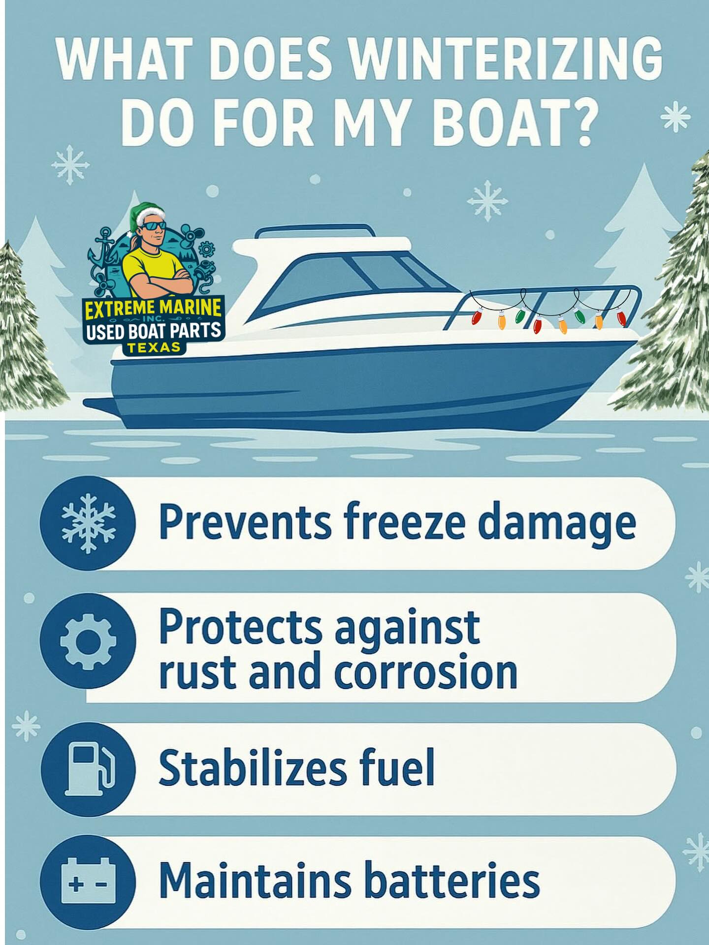 🧊 Winterize Your Boat — Starting at Just $200! 🚤❄️
Don’t let cold weather ruin your ride! Protect your engine, fuel system, and investment with Extreme Marine’s professional boat winterization service — starting at only $200.
✅ Engine & fuel system protection
✅ Prevent costly spring repairs
✅ Fast, reliable service
✅ Mobile & in-shop options available
📍Serving all of Texas
📞 Call/Text: 903-441-7860
🌐 www.usedboatpartstx.com
📸 Follow us on Instagram: @extrememarinetx
#BoatLife #ExtremeMarineTX #BoatWinterization #BoatMaintenance #TexasBoats #MarineService #WinterReadyBoats #BoatCare #OutboardLife