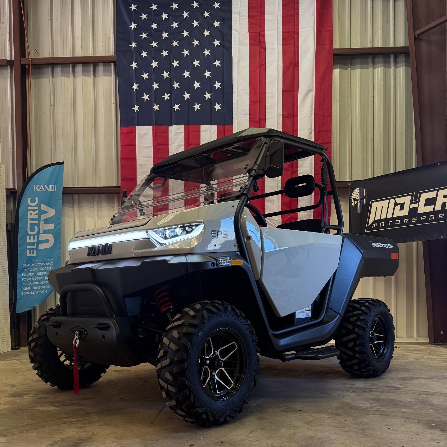 Kandi Innovator AWD
Dual motor
40mph 60 mile range
1800 towing capacity
441 bed capacity
3,500 lbs winch
Power tilt bed
Qualifies for the air board grant up to 75 percent back of your purchase!