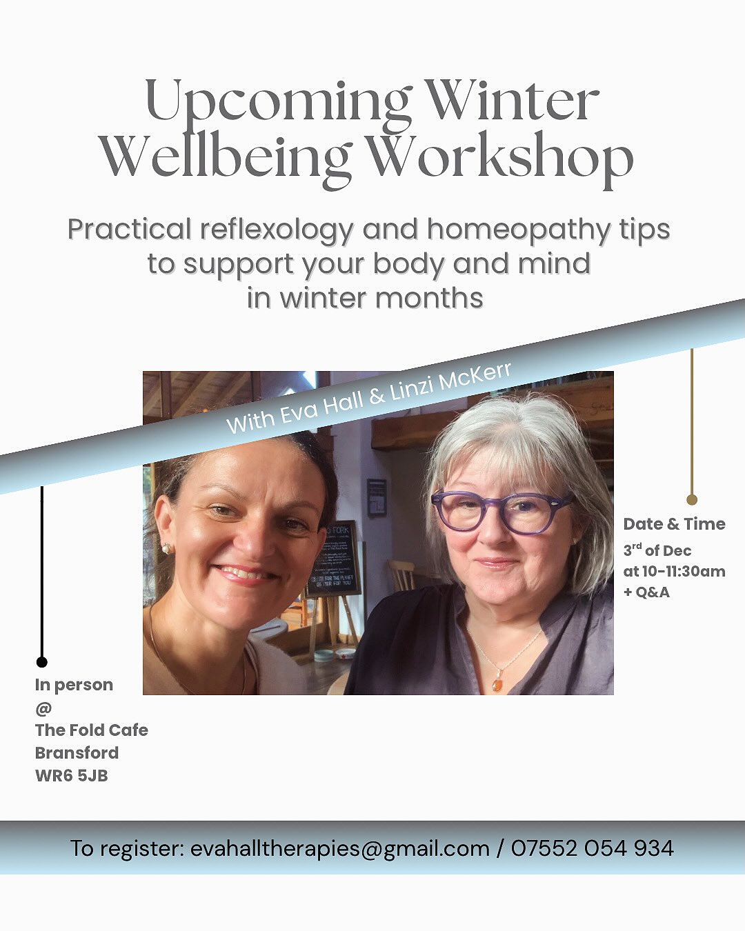 ✨Exciting News - Upcoming Winter Workshop ✨
Join us for our upcoming wellbeing workshop: “Embrace the change of the seasons and build your resilience”
🗓 3rd of Dec
🕒 10am-11:30am + Q&A
📍At the Fold Cafe, Bransford, WR6 5JB
➡️£10 to be paid on the day
Practical reflexology and homeopathic tips to support your health - with Linzi @elements_reflexology_coaching and myself 🌱
Don’t miss out! Get in touch to book in or for more info.
📧evahalltherapies@gmail.com
📞07552 054 934
#wellbeingworkshop #wintermonths #healthtips #holistichealth #naturalhealth #malvern #worcester #homeopathy #reflexology