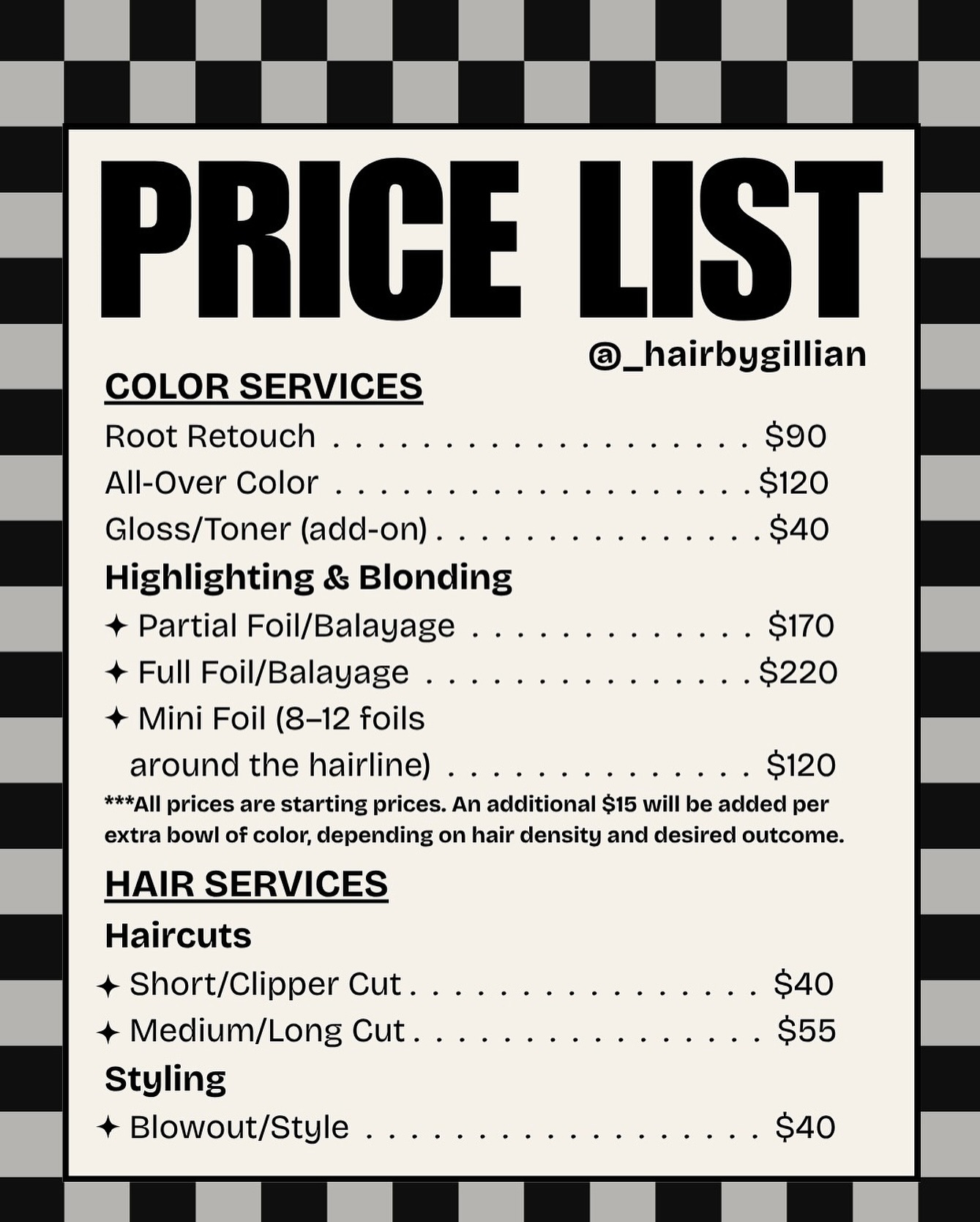 β¨ PRICE UPDATE β¨
Effective December 9th, there will be a small increase in service prices πββοΈ
This helps me continue offering the quality, products, and time your hair truly deserves π
Thank you so much for understanding + supporting my small business β you have no idea how much it means π€
β with love + good hair days,
π Gillian.