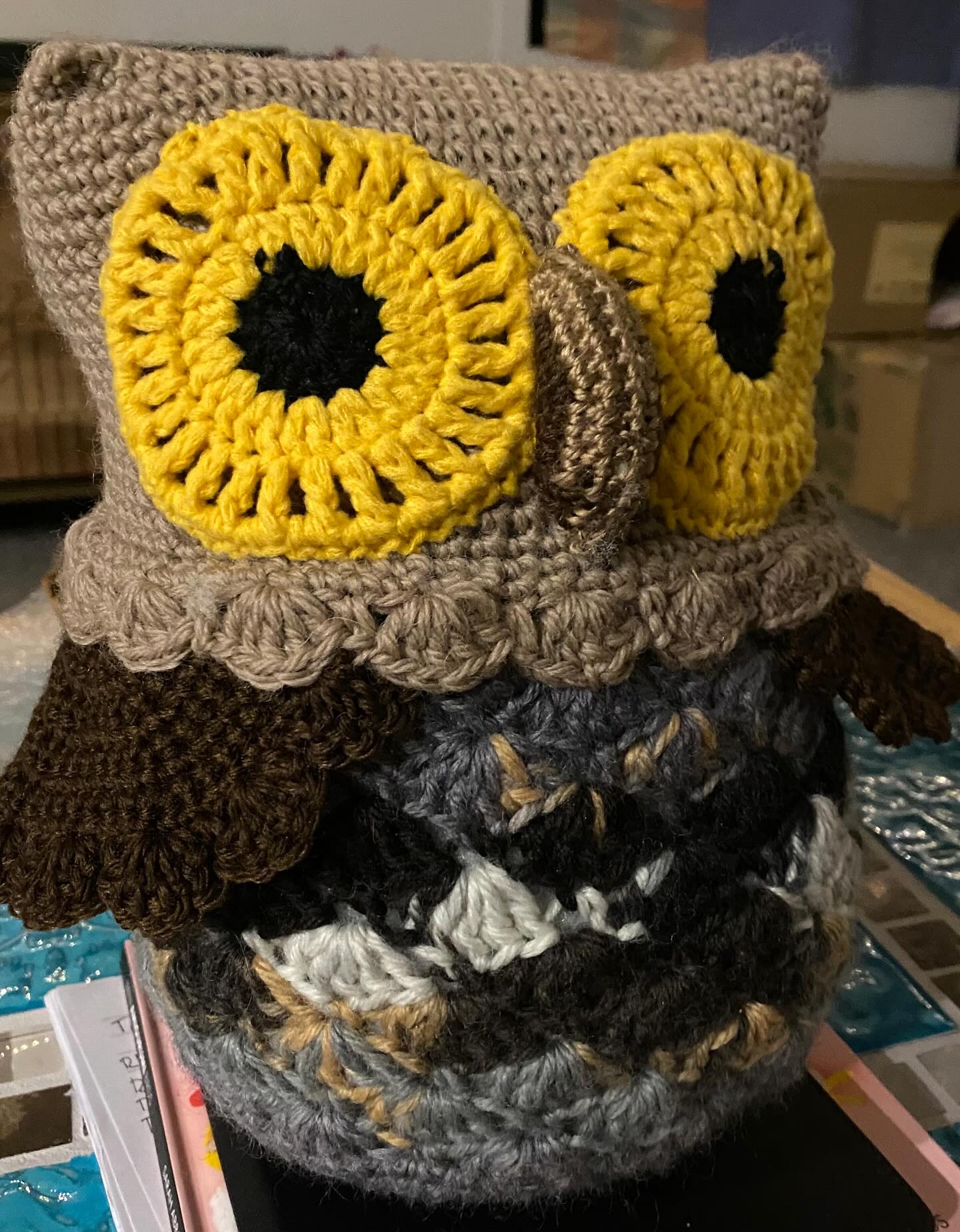 Finished this Ruru with uprecycled yarn yesterday. It is probably twice the size of a real one😂 #madebyme #upcycledyarn #crochetowl #crochetruru #crochetanimal