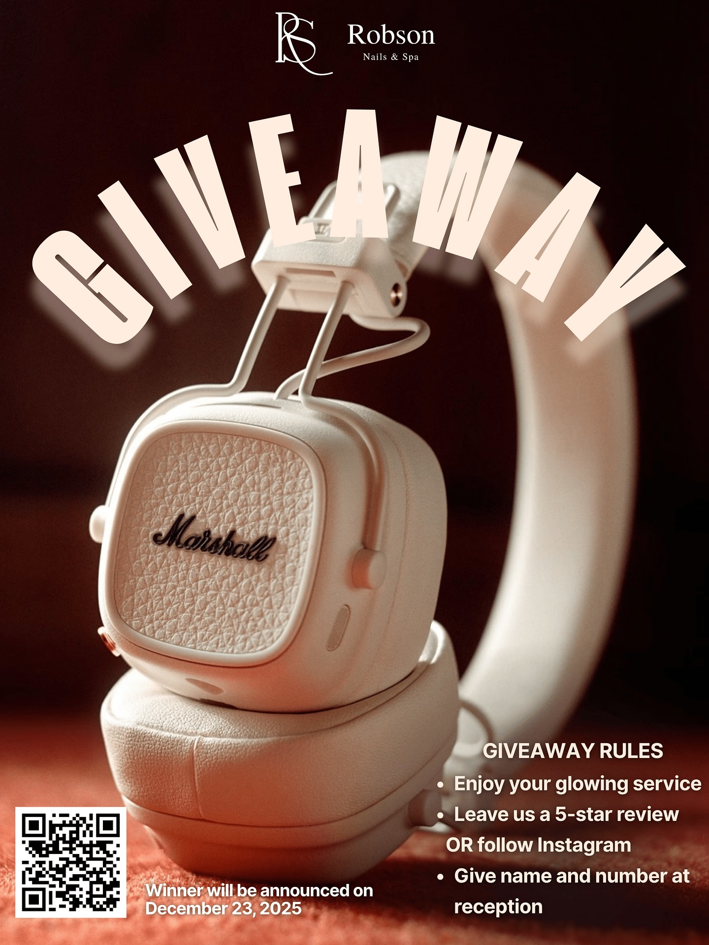 😍GIVEAWAY ALERT!😍
Our October giveaway has finally come to an end and we have found a lucky winner for the growler set and we will publicly announce soon.
Anyone who dont win this event, will have their tickets reserved inside the raffle drum for the next giveaway event.
😍November Giveaway😍
We’re celebrating our amazing customers with a special holiday giveaway!
Get a chance to win a pair of Marshall V headphones just by enjoying your service with us.
How to enter:
• Do any service at Robson Nails & Spa
• Leave us a 5-star review on Google or follow us on Instagram
• Leave your name and phone number at the reception
Winner will be announced on December 23, 2025.
Good luck and thank you for supporting Robson Nails & Spa!
#nails #nailart #marshall #giveaway #christmas #westend #vancouver #vancouverdowntown