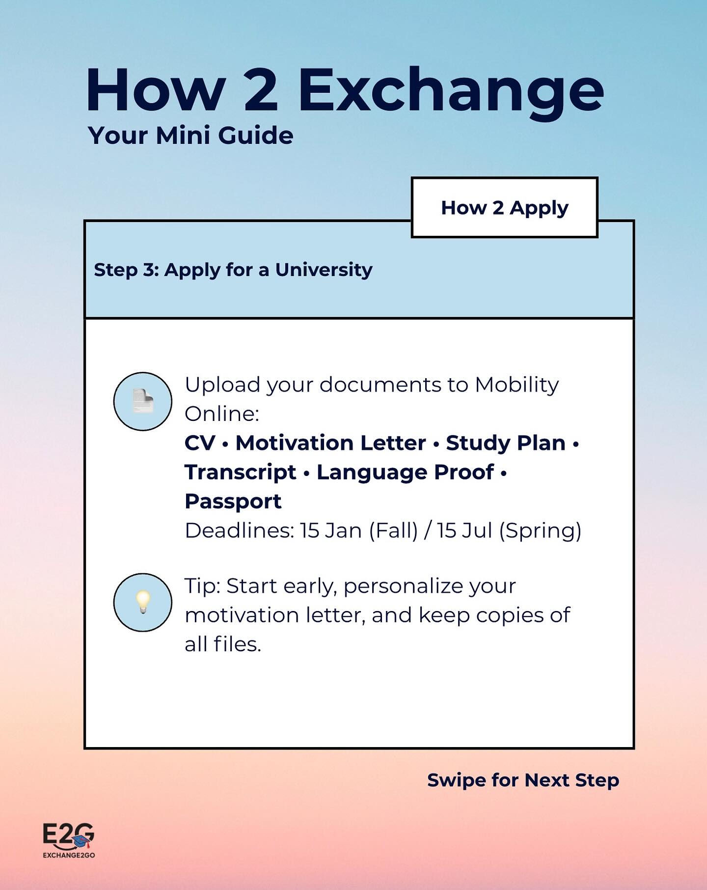Getting your exchange semester application ready? 📝✈️
Don’t worry -we’ve put the key steps together so you know exactly what to do next!
Swipe through our mini guide, and make your application process a little easier. 📚😌
Where are you in the process? Let us know in the comments! 💬
Stay tuned and find more tips and insights on exchange2go.ch
#exchangesemester #uzh #studyabroad #austauschsemester #exchange2go