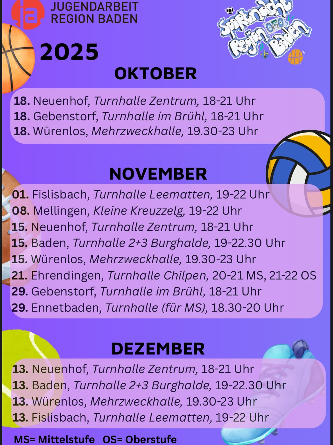 Bald startet wieder die Sportnacht Saison! Komm vorbei - am 29.11. und 24.1. sind wir von 18:30-20:00 Uhr in der Turnhalle in Ennetbaden!
⛹🏻♀️🏓🏈⚽️🏸