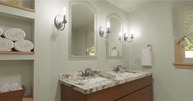 Scope creep! This is a rendering for a bathroom, which wasn’t originally part of the plan for this whole house remodel. The bathroom was actually previously renovated in recent years, and in good shape. However, with everything else being so new, and having a certain aesthetic, I couldn’t help but model a few minor changes. Keeping the countertop, sinks, faucets, floor and shower tile— and swapping out the large mirror for two arch top recessed medicine cabinets, three sconces instead of an overhead bath light, a modern wall niche for storage, a few accessories and a change in paint color, this relatively untouched bathroom will have an entirely new look! 🩶
#lightremodel
#bathrenovation
#riinteriordesigner