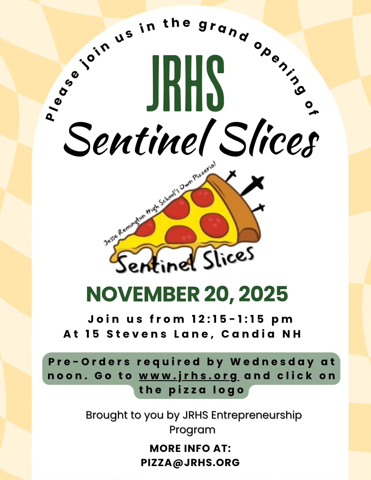 🍕 It’s official! Sentinel Slices is opening November 20th!
Join us at JRHS as our Entrepreneurship students launch their very own pizzeria. Come grab a 12' pizza, cheer them on, and support the next generation of young business leaders!
🕛 12:15–1:15 PM
📍 15 Stevens Lane, Candia NH
📦 Pre-order by Wednesday at noon at JRHS.org (click the pizza logo!)
Proud of these students and all the hard work they’ve put into bringing this to life!