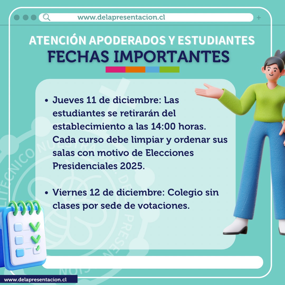 Queridas familias:
Junto con saludar y esperando que se encuentren muy bien, compartimos información relevante respecto a estos últimos días de clases:
• *Jueves 11/12:* Las estudiantes se retirarán del establecimiento a las 14:00 horas. Cada curso debe limpiar y ordenar sus salas con motivo de Elecciones Presidenciales 2025.
• *Viernes 12/12:* Colegio sin clases por sede de votaciones.
• *Lunes 15/12:* Último día de clases. Las estudiantes ingresarán a las 09:00 horas. En esta jornada se realizará la Ceremonia de Premiación de 1° a 3° medios (Mejor rendimiento, 100% asistencia, Mejor compañera, Espíritu Presentación). Los apoderados de las estudiantes premiadas se encuentran cordialmente invitados a dicha ceremonia, la cual se llevará a cabo a las 11:00 horas.
Agradecemos su compromiso en el proceso educativo de nuestras estudiantes.
Les saluda atentamente,
Dirección C.P.N.S.P.