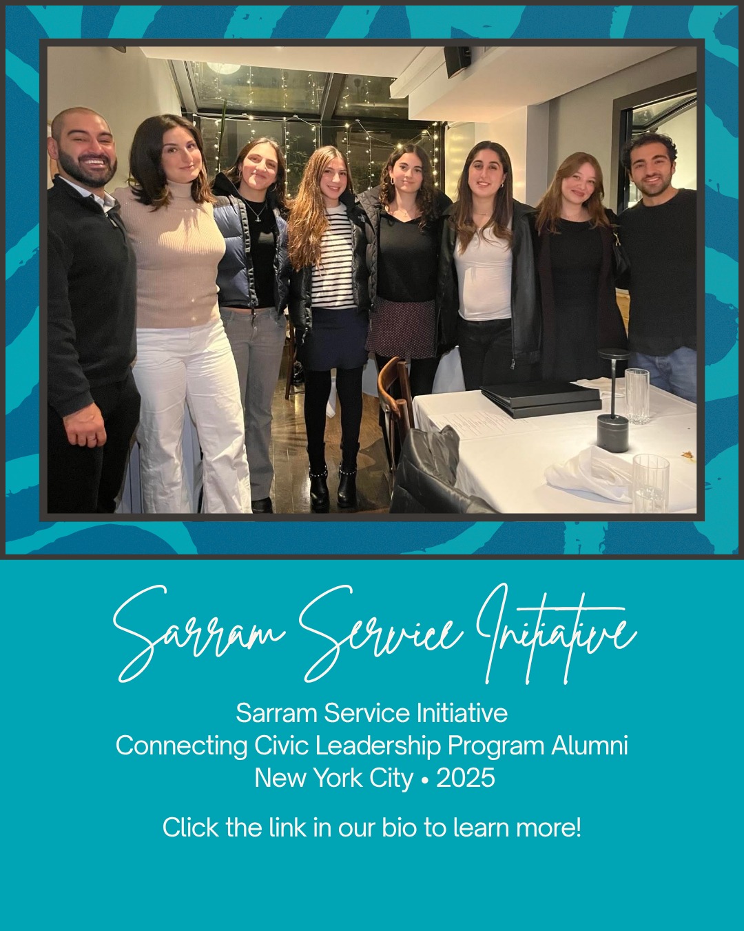 Last Thursday, we hosted our second Sarram Service Initiative (SSI) alumni dinner - this time bringing CLP graduates together in New York City for an evening of (re)connection, networking, community-building, and of course, incredible Iranian food!
Alumni from CHIP, the Public Service Fellowship, the Civic Leaders Summer Summit, and other CLP initiatives came together to share their stories, build new relationships, and strengthen this growing network of Iranian American public servants and changemakers.
The growing SSI effort aims to strengthen community ties among Iranian American public servants and emerging leaders across our country. We look forward to continuing these gatherings in additional cities throughout 2026. We can’t wait to continue building this community with you!