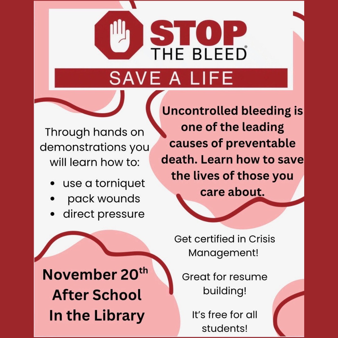 🩸 Stop the Bleed Training!
Learn simple, life-saving skills to help in an emergency.
Stay prepared, Cougars! ❤️💪
#StopTheBleed #CoronadoCares
https://forms.gle/vuAYXvb2dbjfmTUo7