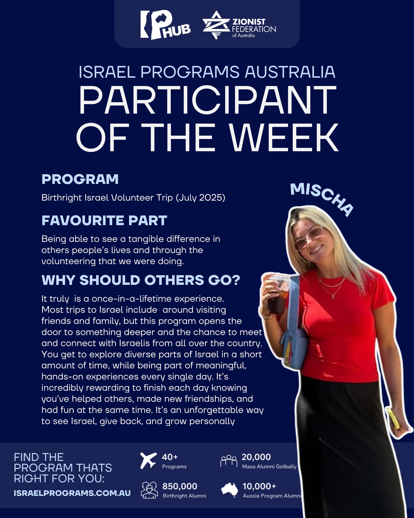 Israel Programs Participant of the Week 🇮🇱🌟
Each week we’re highlighting incredible participants making an impact across Israel, from volunteering and studying to internships, travel, and more! ✈️
Stay tuned to see what people are getting up to on their programs, and find yours at israelprograms.com.au 💙