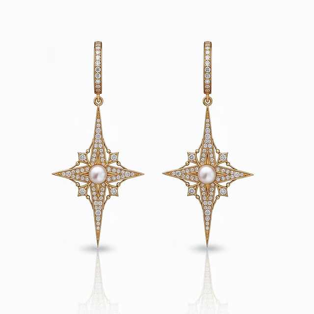 <Starry Sky> North Star Polaris Pearl Cubic Zirconia Diamond Drop Earrings
These earrings take their shape from the North Star. A fine compass like silhouette in 18K gold plated silver is paved with brilliant cubic zirconia, while a luminous pearl rests at the centre like a calm point of light.
The drops sit neatly and catch the glow with every move, giving a refined presence from morning to evening.
Polaris has long been a guide for travellers.
This pair carries that meaning with quiet elegance, making it a thoughtful gift for new chapters, graduations, and birthdays.
Wear them with a simple chain or a pearl pendant for a complete set. Timeless, symbolic, and easy to style.
#londonjewellery #giftguide u#partystyling