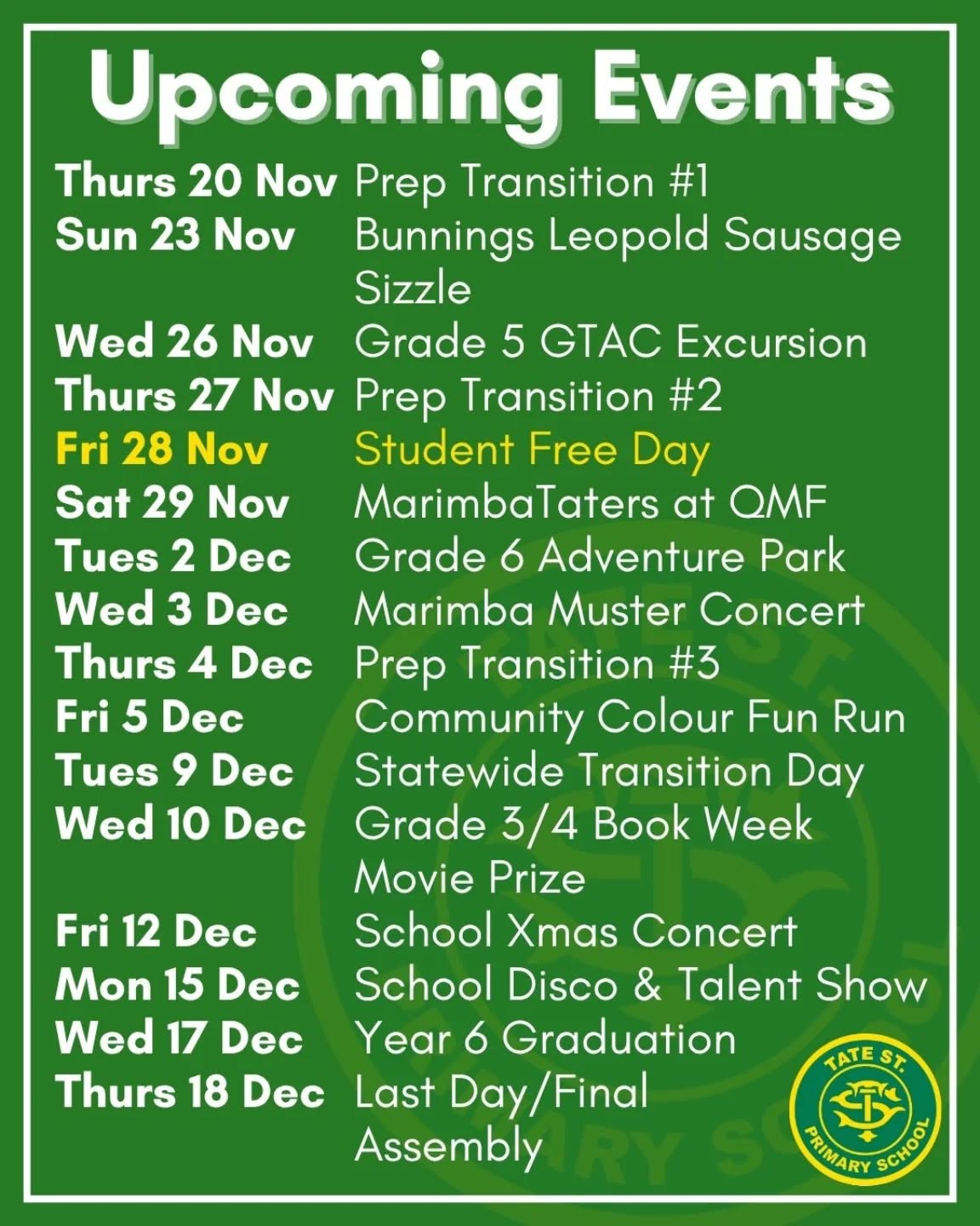 Screenshot this!
We have a very full four weeks ahead of us, with excursions, concerts and celebrations. We strongly recommend all families take note of key dates as we know how busy everyone is at this time of year!
More details will be shared as we approach each event.