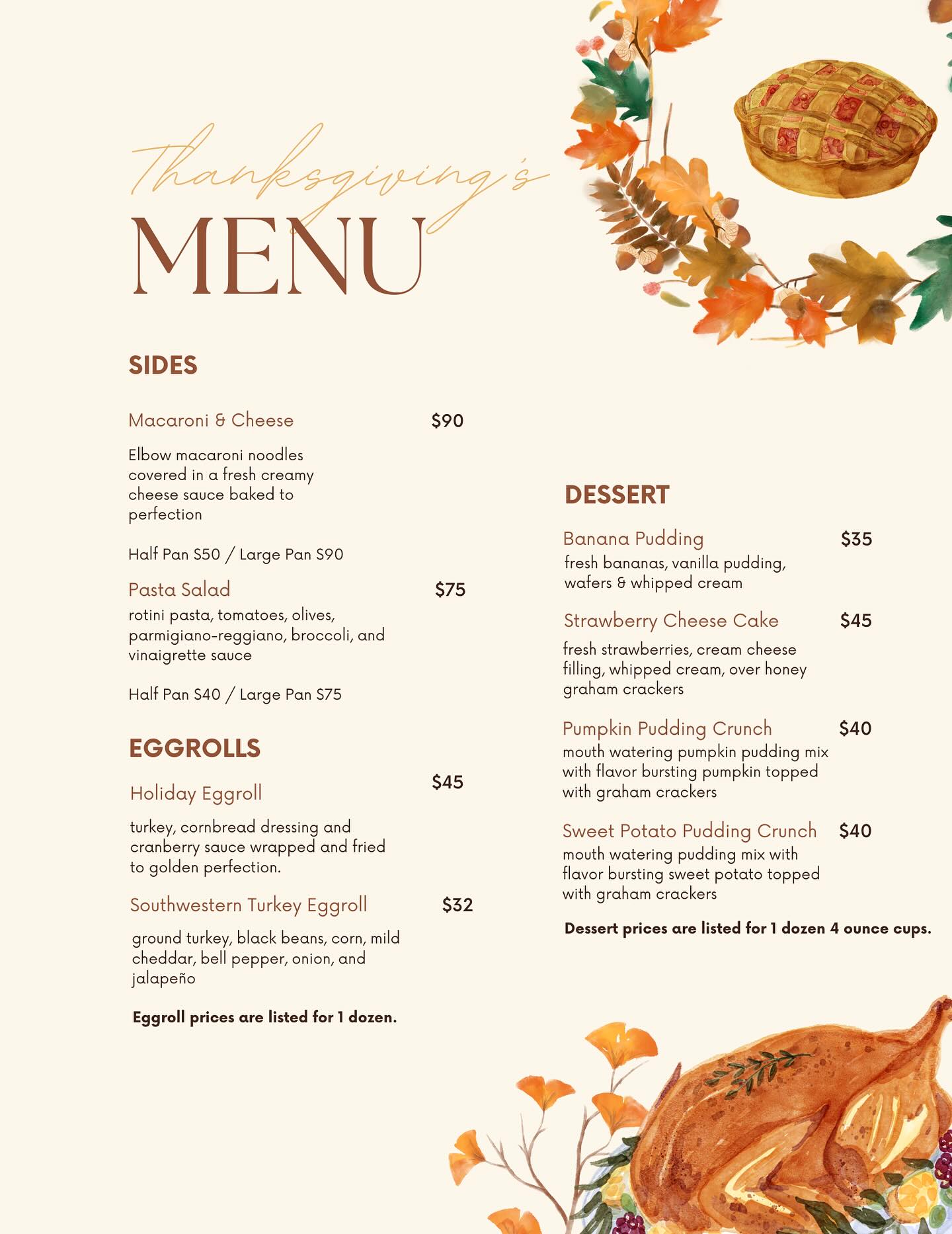 Grateful hearts, full plates 🥧🦃
Order your Thanksgiving meal by November 21 and we’ll take care of the rest!
#CateringMadeEasy #ThanksgivingVibes #MikasGourmetEggrolls