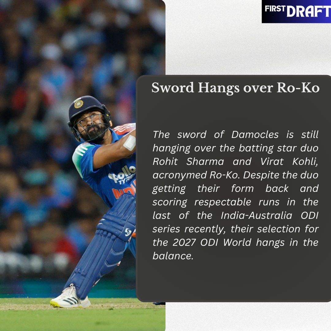 FIRST DRAFT | In the Magazine
Sword Hangs over Ro-Ko
The sword of Damocles is still hanging over the batting star duo Rohit Sharma and Virat Kohli, acronymed Ro-Ko. Despite the duo getting their form back and scoring respectable runs in the last of the India-Australia ODI series recently, their selection for the 2027 ODI World hangs in the balance.
A section in the BCCI is against them. Kohli is under so much pressure that for the first time in his illustrious career he scored a pair of consecutive ducks in Perth and Adelaide ODIs. Finally, he got his act together in the final ODI in Sydney with a masterly unbeaten knock of 74 to silence the Doubting Thomases. On his part, Rohit Sharma ‘ensured redemption’ with scores of 73 and 121 in the last two matches. Despite the fact that the duo were the leading scorers in the series, things are far from normal for them. #ViratKohli #RohitSharma #BCCI #Indiancricket
To Read More www.firstdraftmag.co.in/post/sword-hangs-over-ro-ko