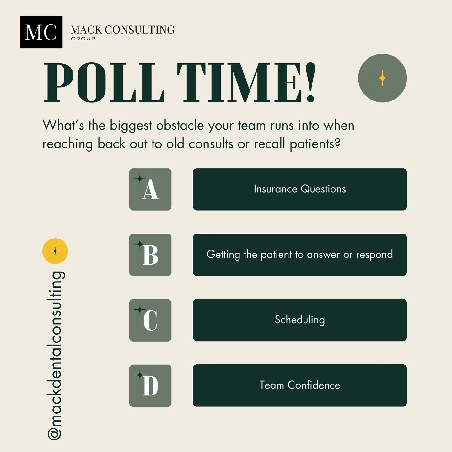 Reaching back out to patients after a long pause takes strategy, consistency, and confidence. Every team struggles somewhere but knowing where is the first step to fixing it.
Which challenge hits your office the most?
Drop A, B, C, or D below. ⬇️
I’ll share tips this week based on your answers.
