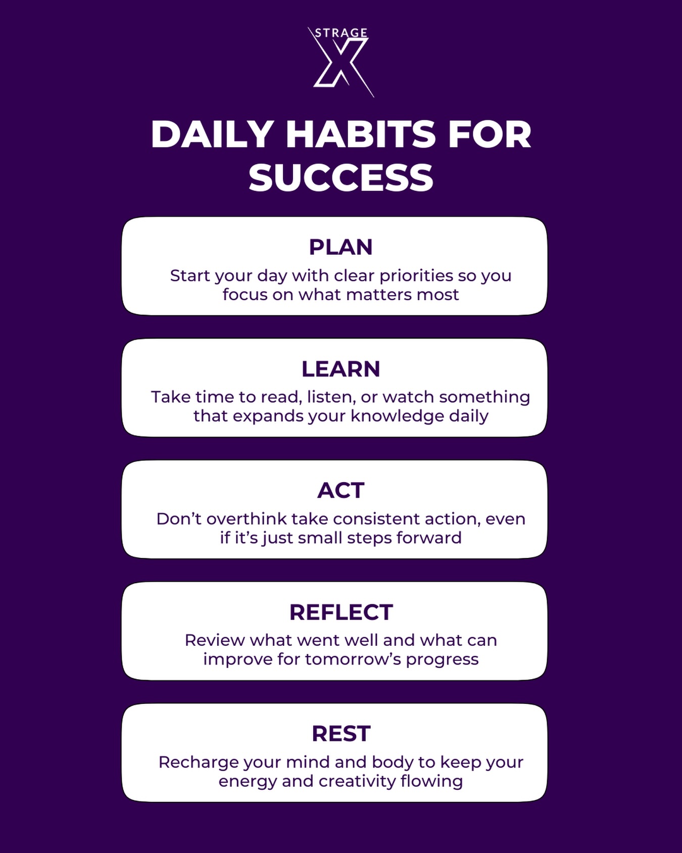 At StrageX, success is a lifestyle.
These 5 habits keep our team sharp, focused, and always moving forward. 🚀