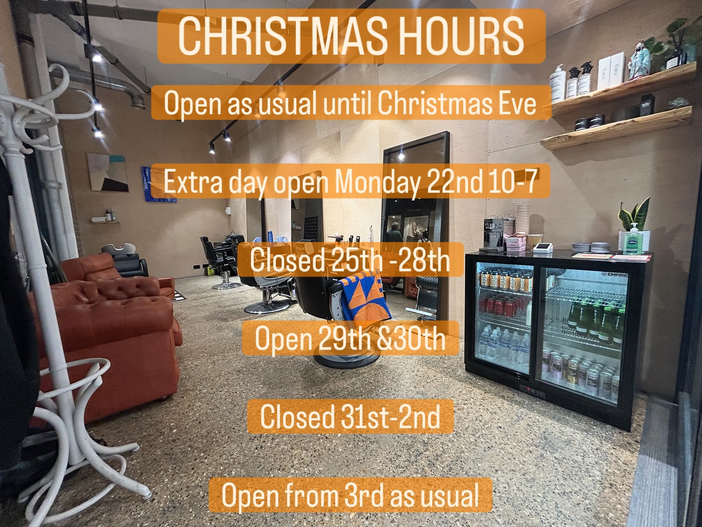 Already got plenty of bookings around Christmas and through December so get booked in, don’t miss out!
Here are Christmas hours, we’ve put in some extra shifts and extra hours here and there, so keep an eye out!
As always if you’re struggling to find an appointment shoot us a message on here or WhatsApp and we will work it out.
Don’t tell me this ain’t a tune!
See you all soon!