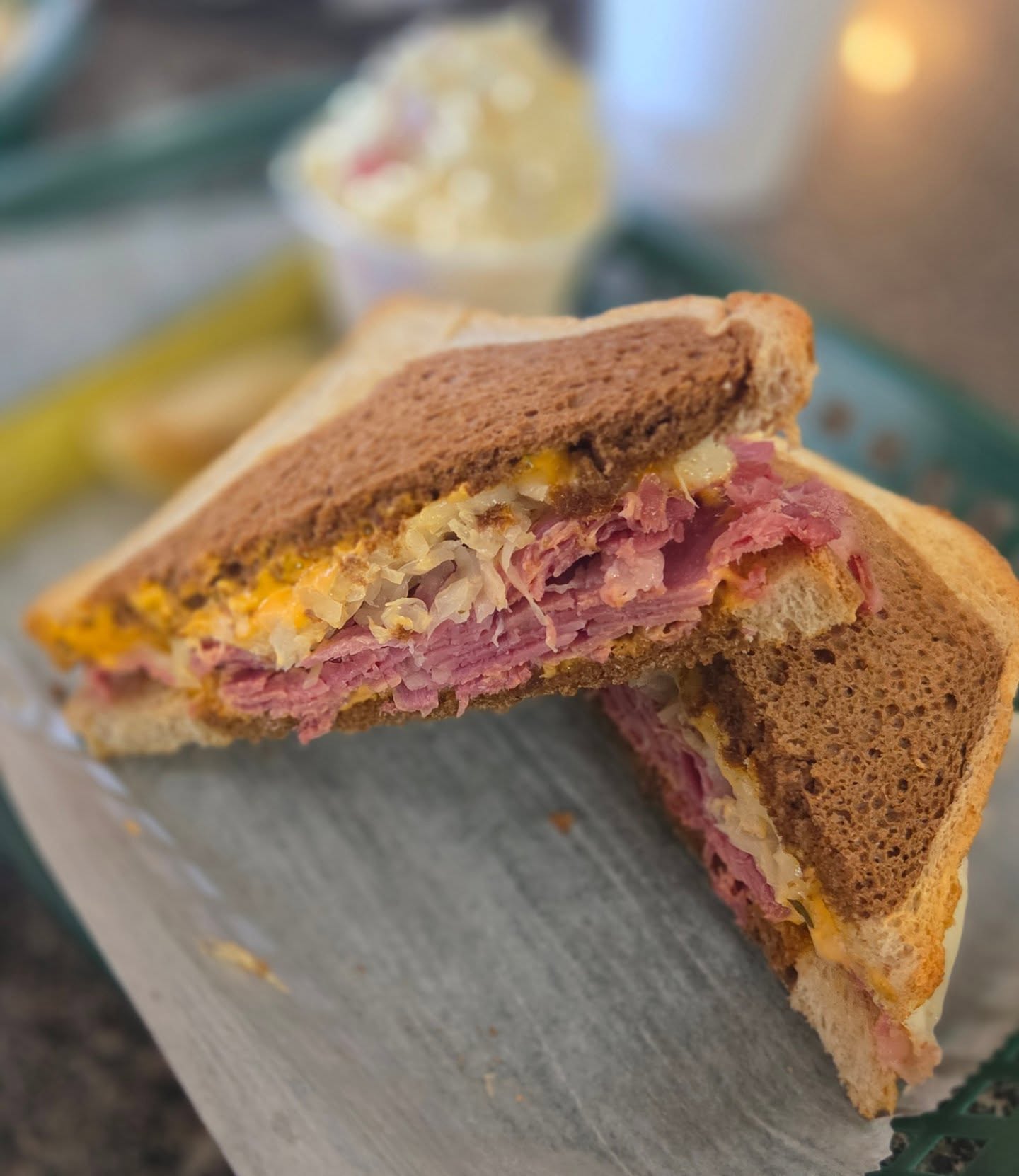 Ruben on marble rye for @greenfieldsbagelsanddeli very solid ruben red potato salad
#ruben #sauerkraut #rye #deli #greenvillesc #gvl #munchandmeanderSC