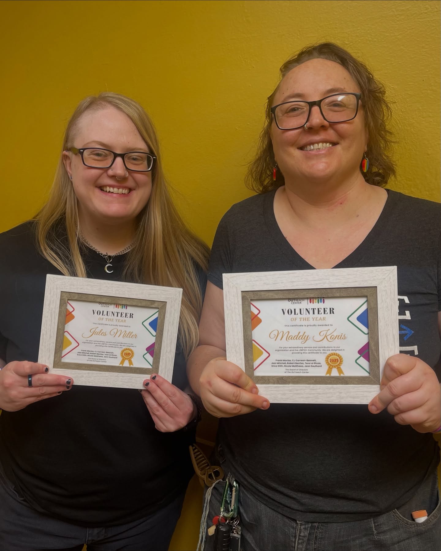 Please join us in celebrating Jules and Maddie, The OUTreach Center’s 2025 Volunteers of the Year!
Jules has been instrumental in designing our brand-new website and has stepped up in powerful ways—facilitating our Trans & Gender Non-Conforming Support Group as well as our Women’s Group. Their creativity, leadership, and heart have made a huge impact on our community. 💛
Maddie has been a consistent and dedicated program lead, showing up week after week to make our Game Nights a welcoming, joyful space for everyone. 🎲✨
We are so grateful to Jules, Maddie, and all of our incredible volunteers who give their time, energy, and love to keep The OUTreach Center thriving year-round. Thank you for everything you do. 🏳️🌈💖