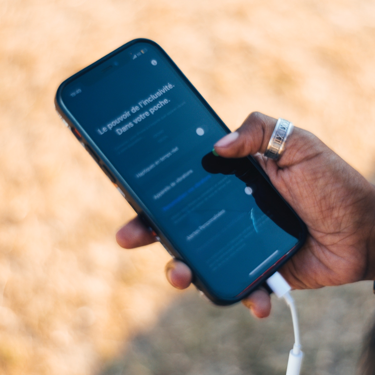 The power of inclusivity. In your pocket. 🤳
📲 Sound-X app is available on iPhone and Android.
#Inclusion #Inclusivity #Accessibility #Vibrations #SoundX #MusicForAll #InclusiveApp #feeltheworld
Image Description:
A hand is holding a smartphone with French text on the screen, connected by a cable, with a blurred background.