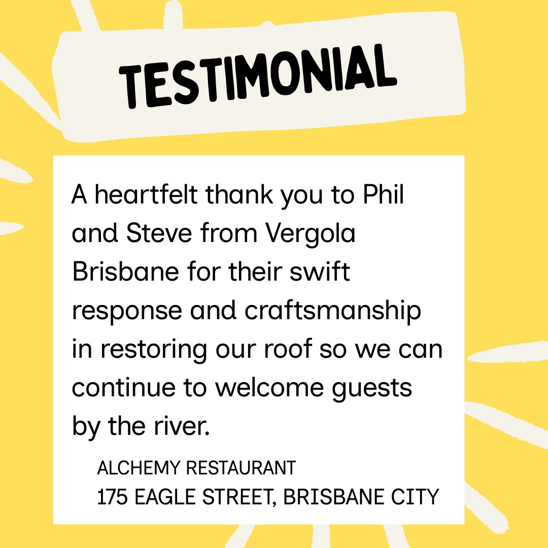 ✨ A heartfelt thank you from Alchemy Restaurant ✨
We’re so pleased to have helped the team at @alchemyrestaurant restore their beautiful riverside roof — just in time to keep welcoming guests along Eagle Street Pier.
“A heartfelt thank you to Phil and Steve from Vergola Brisbane for their swift response and craftsmanship in restoring our roof so we can continue to welcome guests by the river.”
— Alchemy Restaurant, 175 Eagle Street, Brisbane City
Proud to see another Vergola Brisbane project standing strong and looking stunning by the river. 🌤️
📍 www.alchemyrestaurant.com.au
#VergolaBrisbane #AlchemyRestaurant #EagleStreetPier #BrisbaneDining #LouvreRoof #BrisbaneRestaurants #RiversideDining