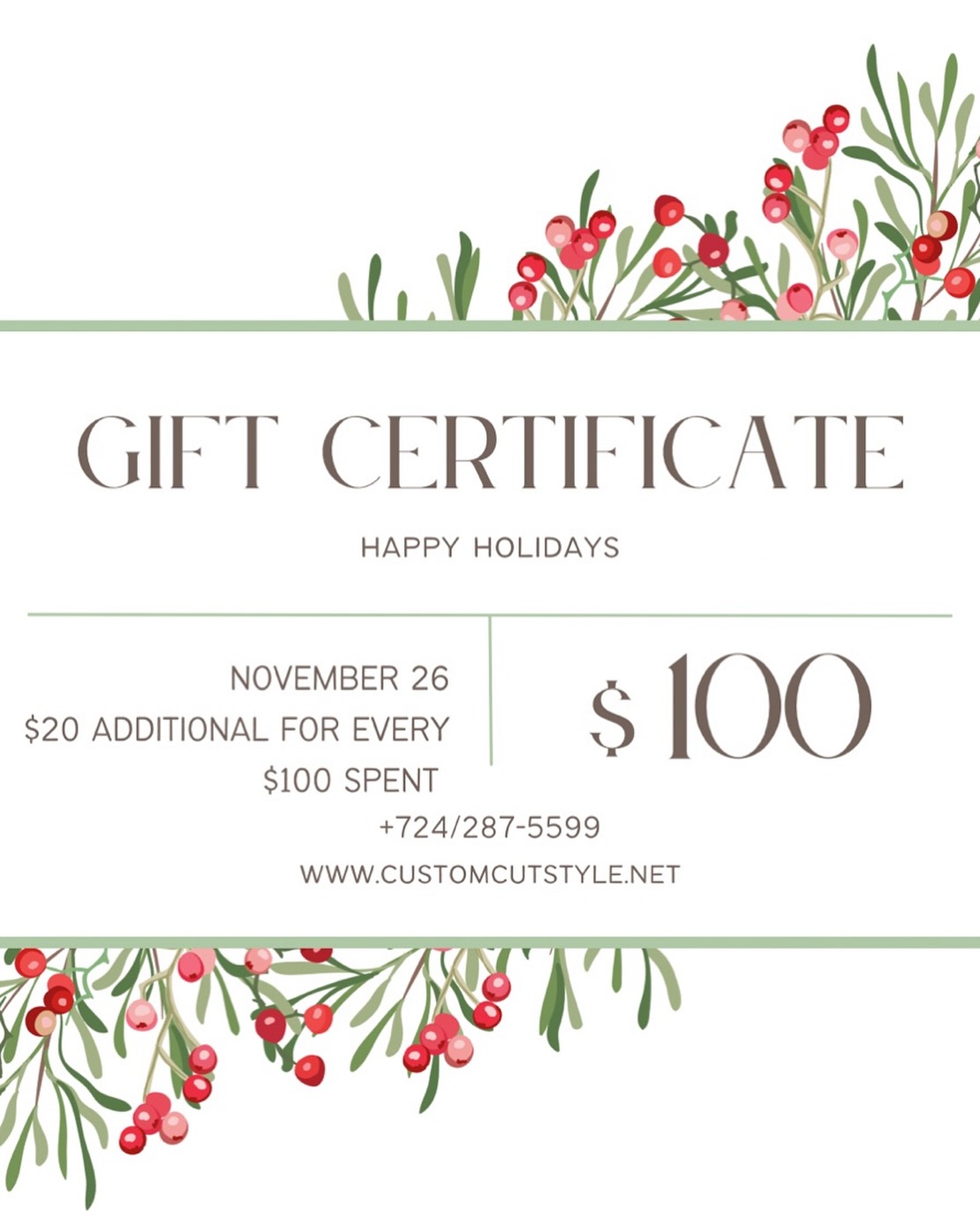Wednesday November 26 only!!!! For every $100 in gift cards purchased receive an additional $20. Increments of $100 only no limit on amount.