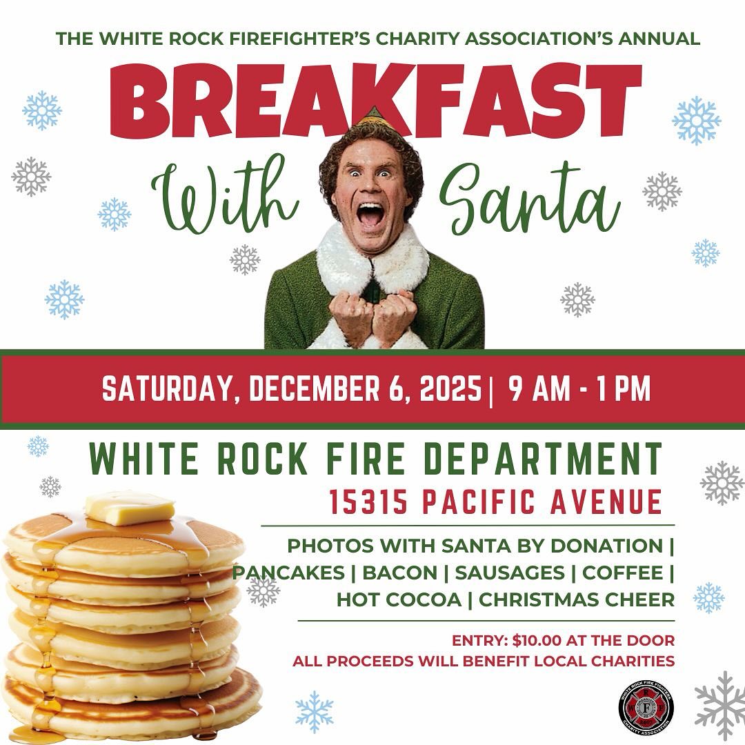 Kick off the holiday season with us at the White Rock Fire Hall! 🎅🔥
Your WR Firefighters will be serving up fluffy pancakes, crispy bacon, hot chocolate and Christmas cheer on Saturday, December 6th from 9 AM–1 PM. Bring the family, grab a few stacks, and snap a photo with Santa himself! It’s the hottest breakfast in town — and the only fire we won’t be putting out. 😉🥞🚒