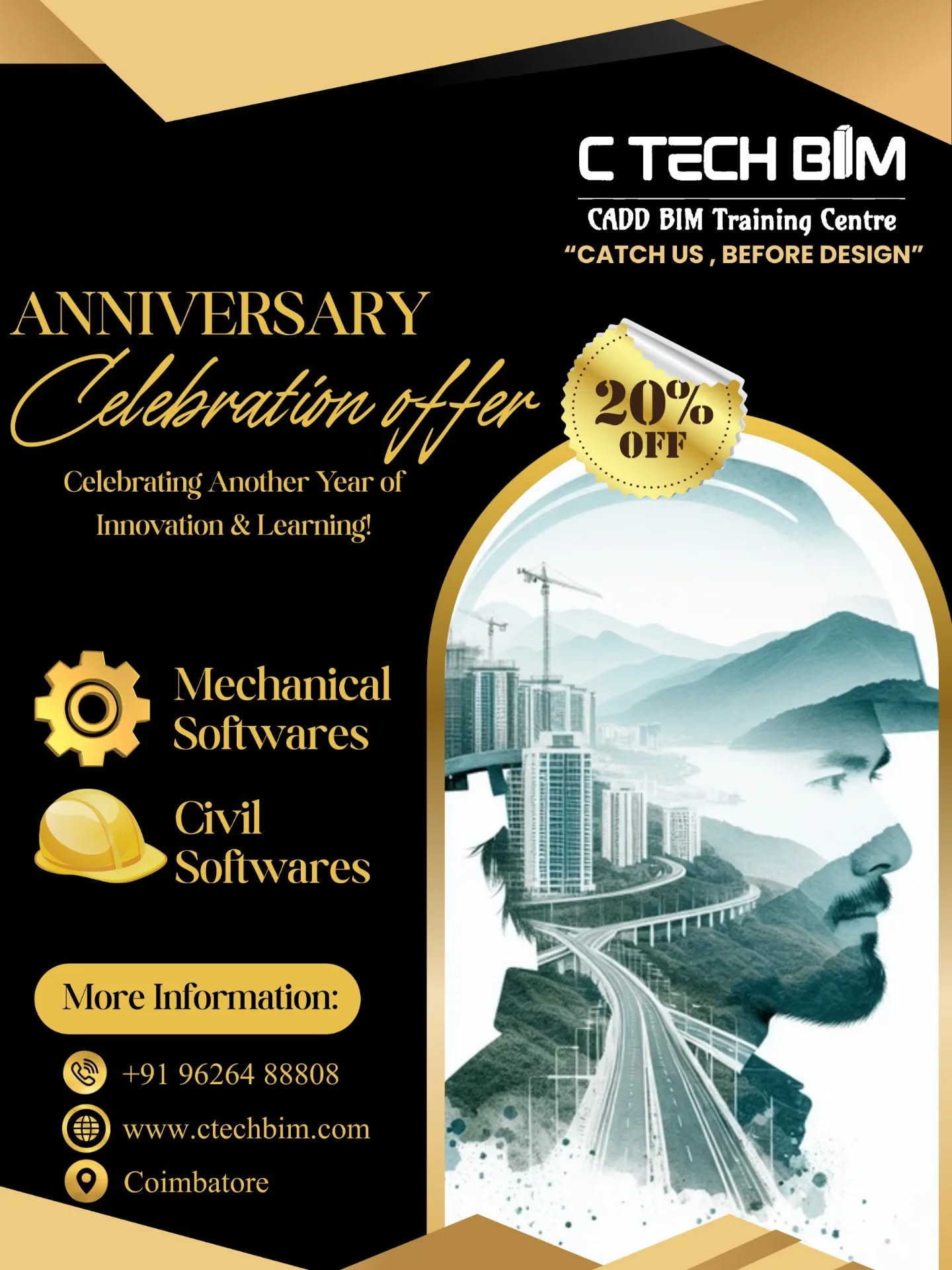 ๐ Anniversary Celebration Offer!
C Tech BIM Training Centre proudly completes another year of innovation & learning โจ
Get 20% OFF on:
โ๏ธ Mechanical Softwares
๐๏ธ Civil Softwares
Upgrade your skills with the best in CADD & BIM training!
๐ +91 96264 88808
๐ ctechbim.com
๐ Coimbatore
#CTechBIM #AnniversaryOffer #CADDTraining #BIM #MechanicalSoftware #CivilSoftware #Coimbatore