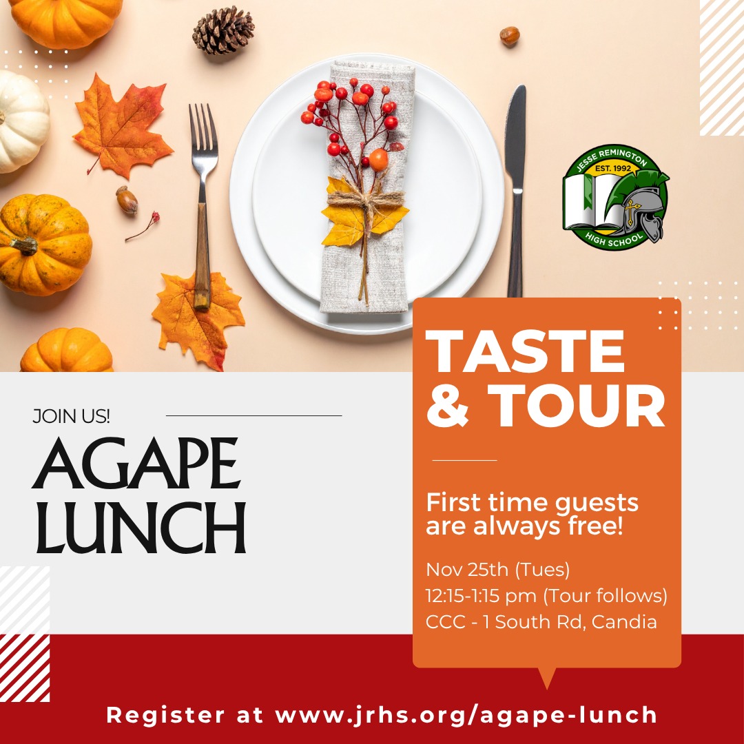 🦃 Our Thanksgiving Taste & Tour Day is happening on Tuesday, November 25th from 12:15-1:15 pm! Campus tours available immediately after. Let us do the cooking and cleaning for your lunch on Tuesday while you enjoy food, fellowship and an encouraging message from our 5 Minute Dessert Challenge Speaker🙏. Register today and we'll save your seats: www.jrhs.org/agape-lunch.