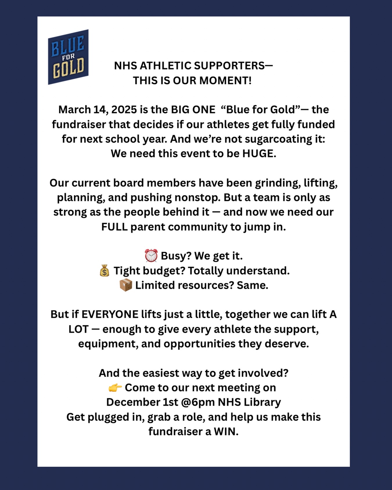 💙💛Calling all NHS athletic community💙💛 please join us at our next Blue for Gold planning meeting next Monday, December 1st at 6pm at NHS Library!
*All fundraising this year is for next year’s budget.