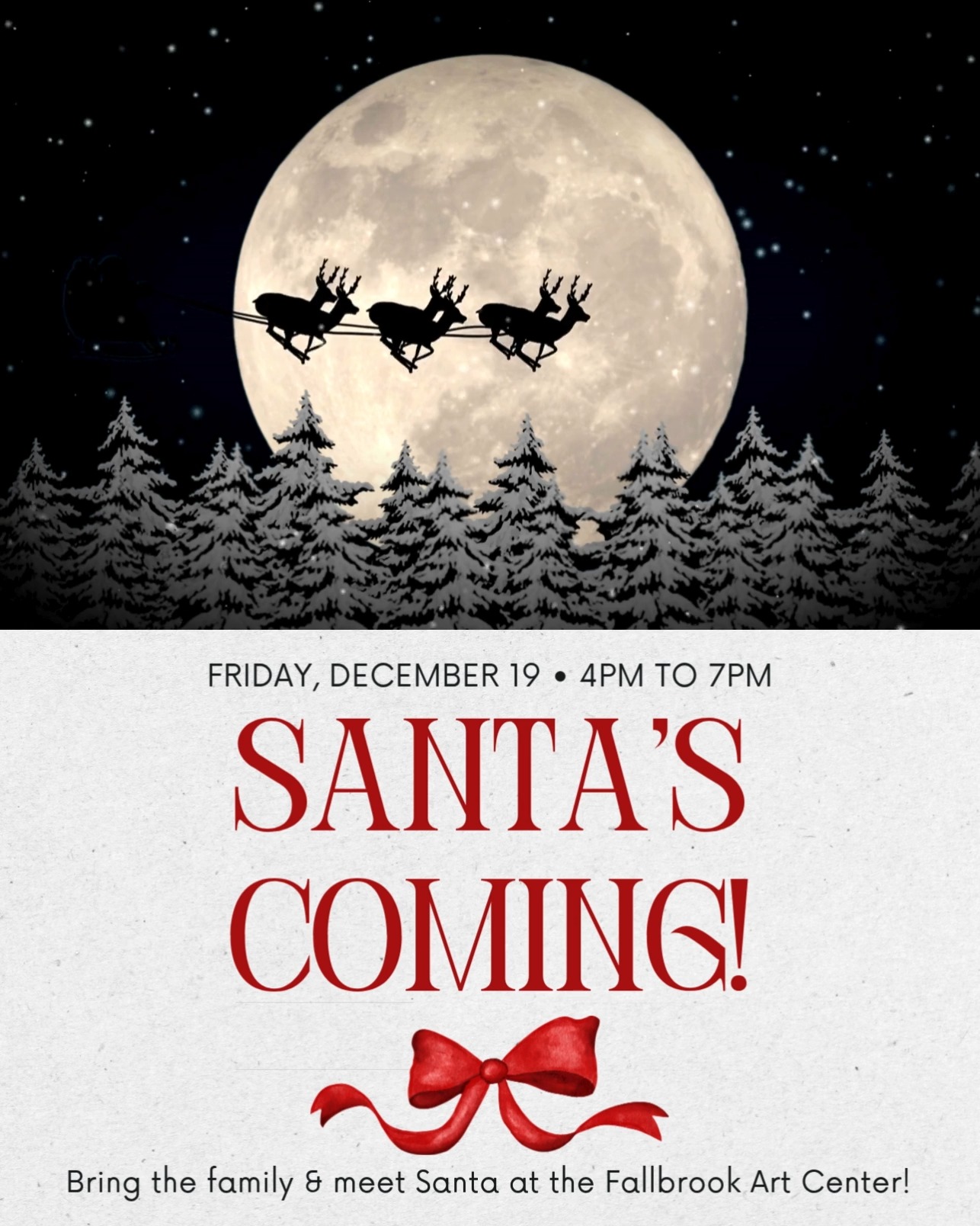 Santa Claus is visiting the Fallbrook Art Center on Friday, December 19! Bring the whole family—and your camera—for a cheerful holiday stop-in while you explore our International Holiday Show, filled with original, artful gifts created by local makers.
It’s a free community celebration where you can discover meaningful presents, enjoy the season’s spirit, and spend time with the people who make Fallbrook feel like home.
We’ll be open 10am–8pm from December 16–20 and again on December 23–24. Join us for festive shopping, holiday memories, and inspiring art all week long.
#fallbrookartcenter #discoverinspirecreate #holidays #downtownfallbrook #fallbrookholidays #santavisit #letterstosanta #freeevent #fallbrookcommunity #friendsoffallbrook #fallbrookchamberofcommerce