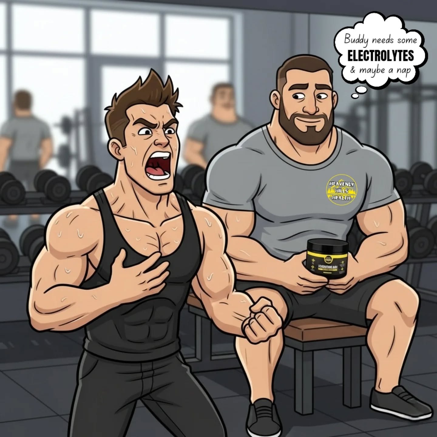 When you hit max effort and unlock your inner rock singer. 🎤🎸🤘
Buddy is just having a dramatic breakthrough. Meanwhile, you're over here with your electrolytes chilling because hydration is key to preventing spontaneous outbursts of passion (and muscle cramps). 🤬🤕
Stay calm, stay hydrated, stay jacked. 💪⚡️
#GymMemes #WVElectrolytes #FitnessHumor #GymLife #StayHydrated #HeavenlyHulkHealth