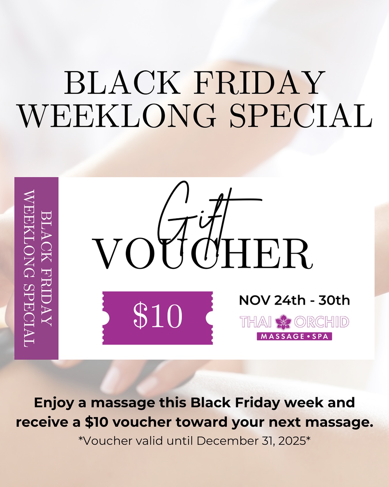 ๐๐ปโโ๏ธ Black Friday Weeklong Special at Thai Orchid Massage & Spa! ๐
Treat yourself this holiday season! Join us at Thai Orchid Massage & Spa in Centennial Hills, Las Vegas, for our exclusive Black Friday Weeklong Special.
From November 24th - 30th, enjoy your favorite massage service and receive a $10 voucher toward your next massage! Itโs the perfect way to extend your relaxation into the new year.
Donโt miss out on this limited-time offer to prioritize your well-being.
๐ DISCLAIMER: Your $10 voucher MUST BE USED by December 31, 2025.
BOOK TODAY โจ
(725) 259-6295
www.ThaiOrchidMassageSpa.com
๐ซ Walk-Ins & Appointments Welcome
๐ 8414 Farm Road Suite 140
Las Vegas, NV 89131
๐ธ๐ธ๐ธ๐ธ๐ธ๐ธ๐ธ๐ธ๐ธ๐ธ
#blackfridaysales #blackfridayevent #blackfridaysale #blackfridaydeals #thanksgivingweekend #thanksgiving #lasvegasdeals #vegasdeals #blackfridayweek #lasvegasmassage #lasvegasspa #lasvegashairstylist #summerlinhairstylist #summerlinnails #lasvegasnails #lasvegashair #hendersonhairstylist #centennialhillslv #vegaslocal #newtovegas #suncitysummerlin #summerlin #vegasbrunch #lasvegascoffee #vegasfamily #ccsd #lasvegasteachers #summerlinhair #lasvegasbeauty #vegasliving