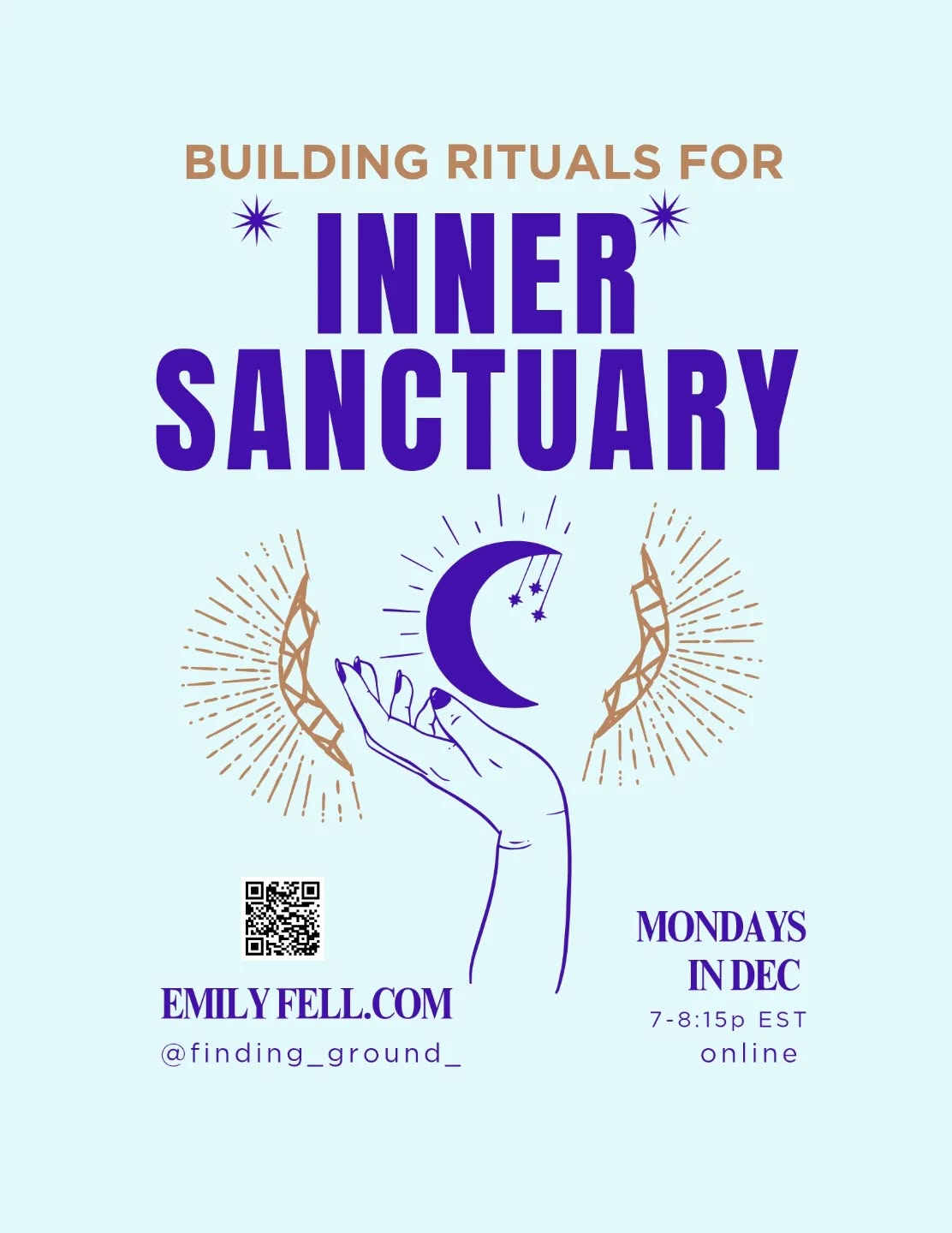 โจ Workshop Series: Building Rituals for Inner Sanctuary
4 Mondays in December; 12/1. 12/8. 12/15. Online.
Each session will include gentle, mindful movement and opportunities for writing. A ritual tool will be introduced and experimented with each week:
Week 1. Dec 1. Creating Your Sacred Setting.
Week 2. Dec 8. Manifesting Through Affirmation Artworkย
Week 3. Dec 15. Coregulating With Nature.
Week 4. Dec 22. Coregulating with Dance.ย
๐ More info on my website, link in bio ๐