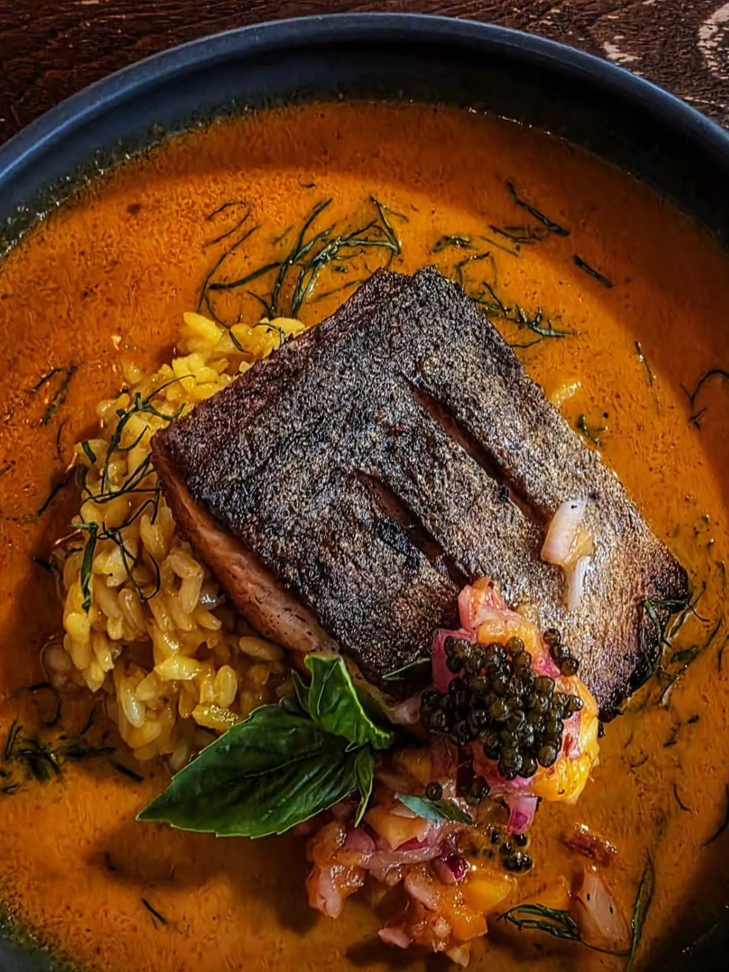 TROUT | fennel rubbed trout, saffron risotto, lobster bisque, pickled peach relish, Kaluga caviar, basil