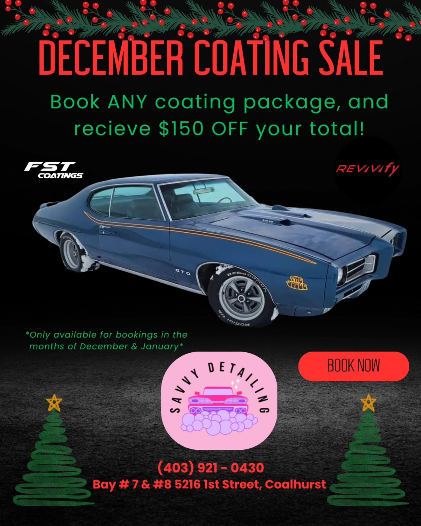 ❗️ COATING SALE ALERT ❗️
Book in your vehicle for a coating package in December OR January, and receive $150 off your total! Any coating, any vehicle! I have 10 days left of availability in December, so book in fast to claim this deal! 🫶
Savvy Detailing
(403)921-0430
Bay #7 & #8 5216 1st Street, Coalhurst
