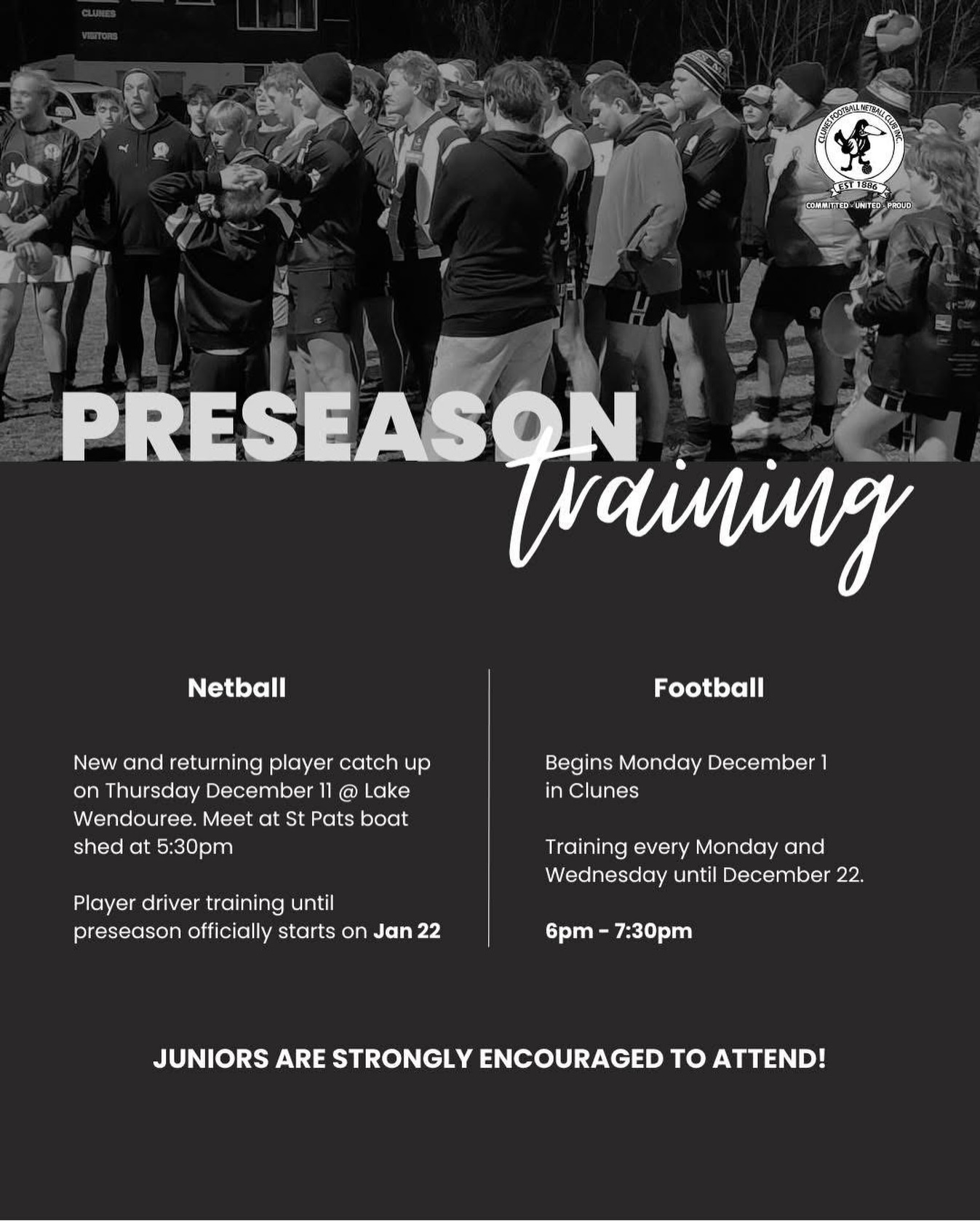 PRESEASON TIME!!
Check out the details below for information on preseason! Time to take that fitness to the next level 🖤🤍
NETBALLERS, we expect when we start on the 22nd Jan, that you will be at a fitness level ready to play. We strongly encourage fitness sessions to occur in Dec and Jan that are player driven.