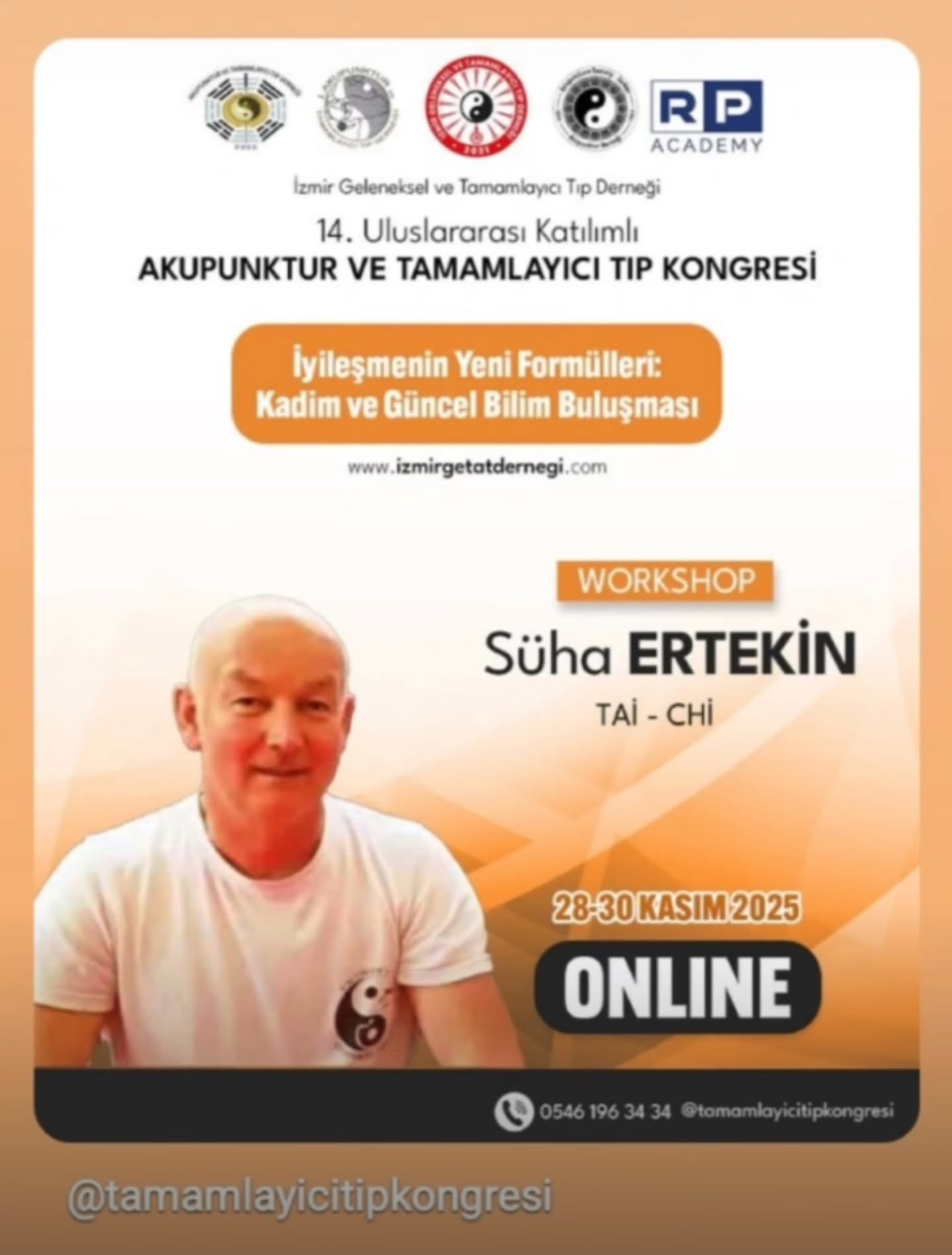 2004 yılında Prof. Cihan Aksoy hocamızın daveti ile başlayan, Tai Chi felsefesi ve uygulamalarının Tıp camiamız ile paylaşım sürecimiz, bu yıl İzmir Geleneksel ve Tamamlayıcı Tıp Derneği organizasyonu kongreye katılım ile devam ediyor.
Çok verimli, bilginin ve dostlukların paylaşıldığı bir kongre diliyorum.
#taichi #tao #meditasyon #sağlık #tamamlayıcıtıp