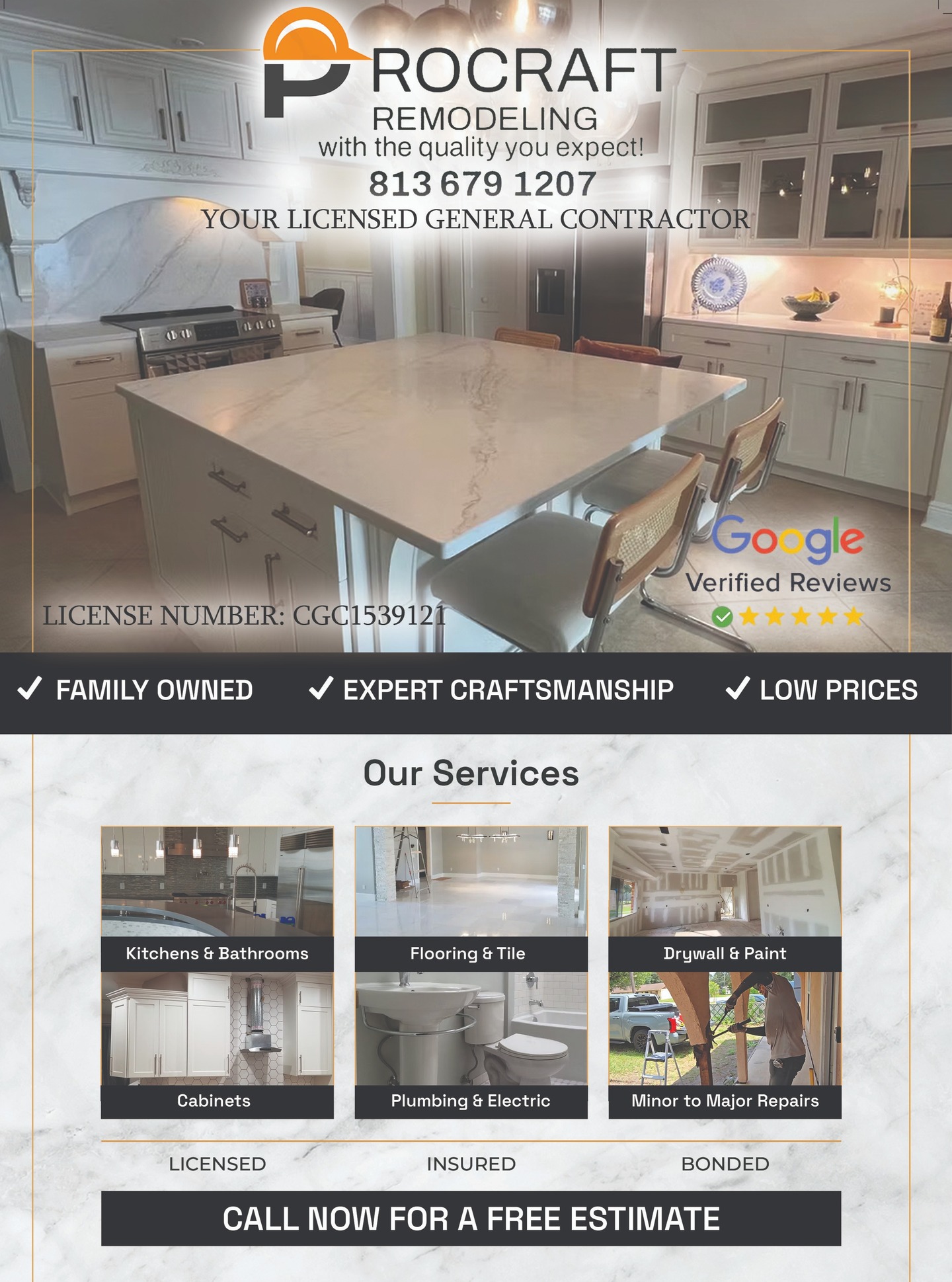 Procraft is a full-service general contractor offering high-quality work at fair, affordable prices.
We take pride in delivering premium results without the premium stress - whether it’s renovations, repairs, or full remodels. If you’re looking for reliable craftsmanship, clear communication, and a team that truly cares about the outcome, we’d love to help.
Reach out today for a quote or consultation!