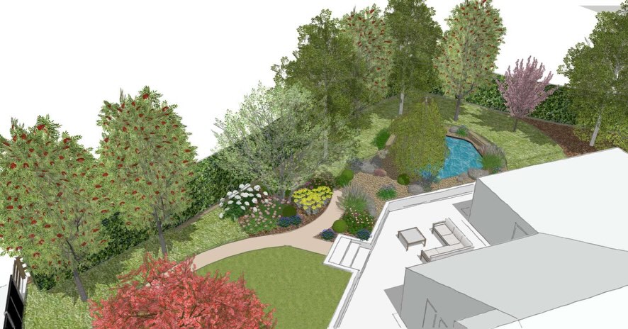🍏 A soft landscaping design for a new build, currently at concept stage. We are working on designing a cohesive space that links the new hard landscaping and pond using a series of formal and informal paths, creating a haven for wildlife with trees, water and planting. A design solution for a tricky slope and very exposed site is an ongoing discussion with the client and the landscape contractor. It’s critical at this stage to explore design solutions with designer and landscaper collaborating early in the process. #weareapl @conwaylandscapes #gardendesignerhertfordshire #gardendesigner #newbuildgardens