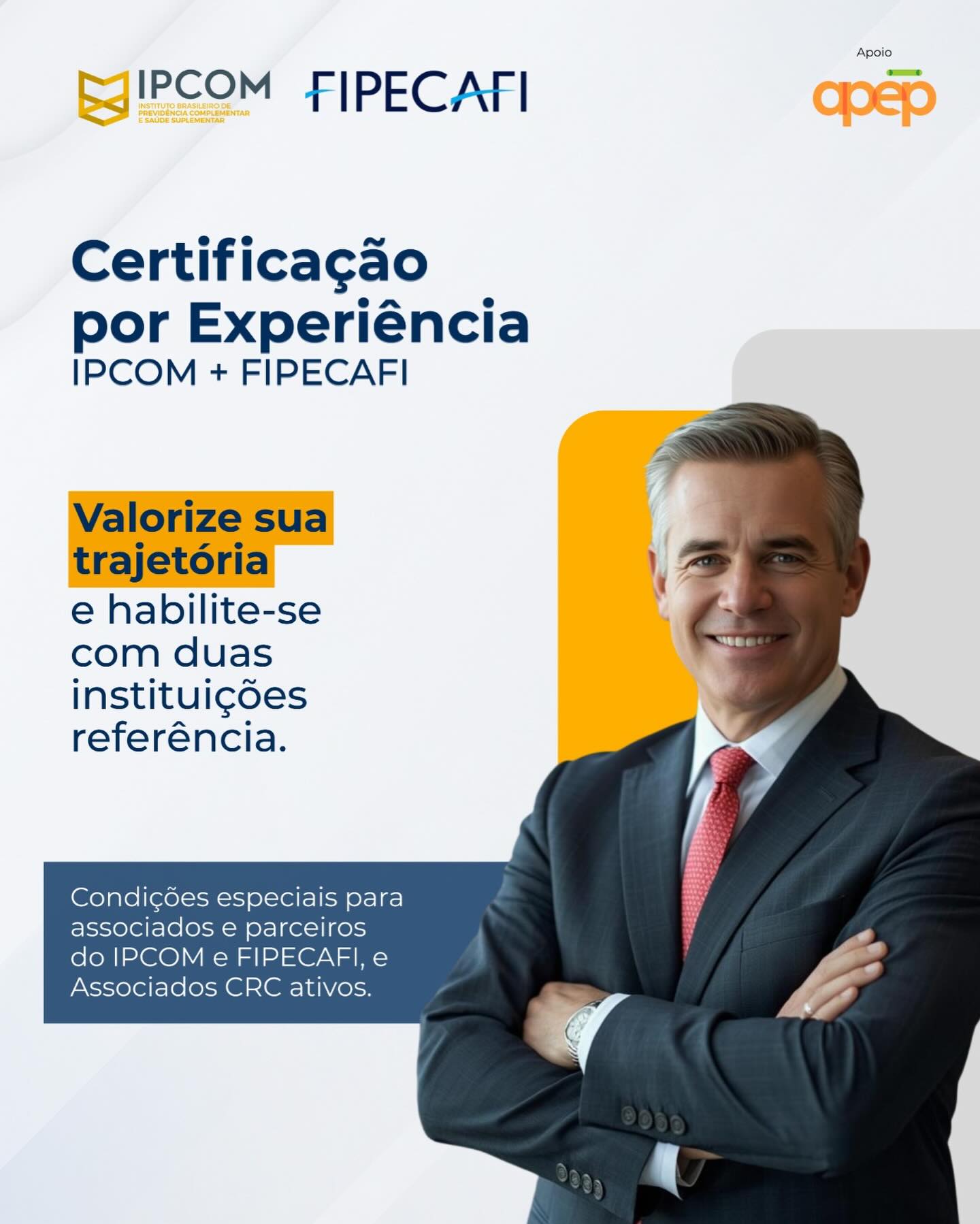 Habilitação reconhecida pela PREVIC. A certificação por experiência é um requisito essencial e reconhecido pelo órgão regulador para a habilitação de dirigentes em Entidades Fechadas de Previdência Complementar.
A Certificação IPCOM/FIPECAFI é a oportunidade ideal para você que possui experiência na área e deseja formalizar sua habilitação em EFPC. Formalize sua atuação com a segurança de estar em conformidade com as exigências do regulador.
💡Condição Exclusiva: Desconto especial para parceiros IPCOM e FIPECAFI, e Associados IPCOM e CRC ativos.
Saiba mais no link do nosso perfil.