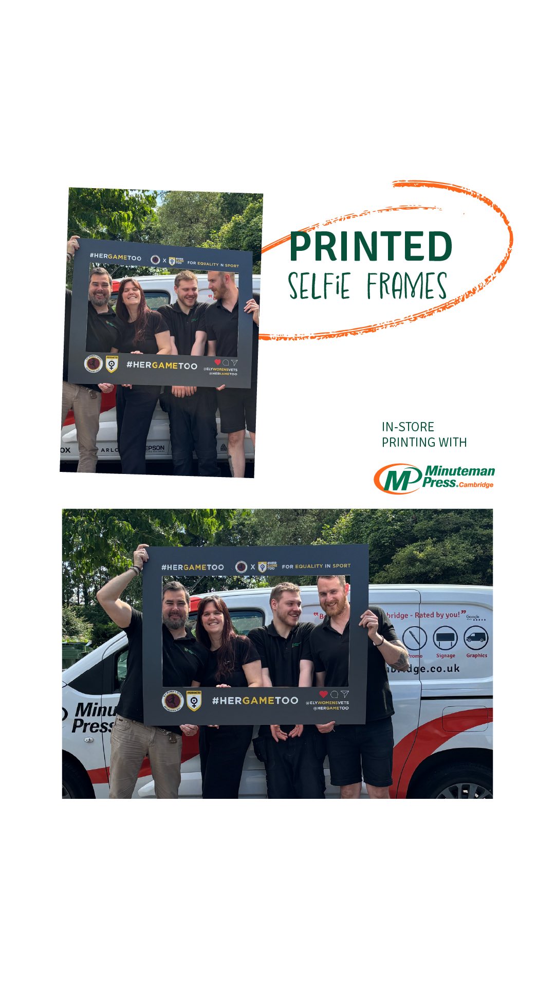 Whatever goes on in the frame....
...Will be well-papped and immortalised in the legend of Christmas parties of the past!
The Minuteman print team, often not the most eager to appear in front of the camera, but put a frame around us, and you can see what a jolly bunch we are!
Printed in the Summer for the brilliant Ely Women’s Vets Football, a selfie frame will bring out the fun (and posing) no matter the season!
If your festive party is yet to come, our in-store machines can ensure a quick turnaround on board prints and whatever party print bits you need!
Call our store or drop us an email or message for more info.
#minutemanpress #elywomensvetsfc #largeformatprinting #selfieframe