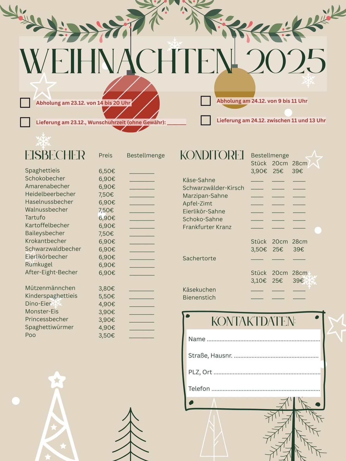 Da ist sie: Die Bestellliste!✨
Wie schon angekündigt, habt ihr die Möglichkeit, euch für die Feiertage einzudecken, bevor wir in den Betriebsurlaub gehen. Und ihr seht - die Auswahl ist groß!🍨🍰
Vorbestellen könnt ihr entweder direkt vor Ort im Lieblingsplatz oder per Mail an: info@egons-eiscafe.de
In der Mail schreibt ihr bitte:
- Was möchtet ihr vorbestellen? In welcher Menge?🍰🍦
- Möchtet ihr sie abholen oder geliefert bekommen? Zu welcher Zeit (Optionen stehen oben auf der Liste)?🚚
- Eure Kontaktdaten ✍️
Und schon habt ihr euch euer Dessert oder Kaffee & Kuchen über die Feiertage gesichert!😋
#lieblingsplatz #egonseiscafe #haveaniceday #feiertage #weihnachten #betriebsurlaub #vorbestellung #happyholiday