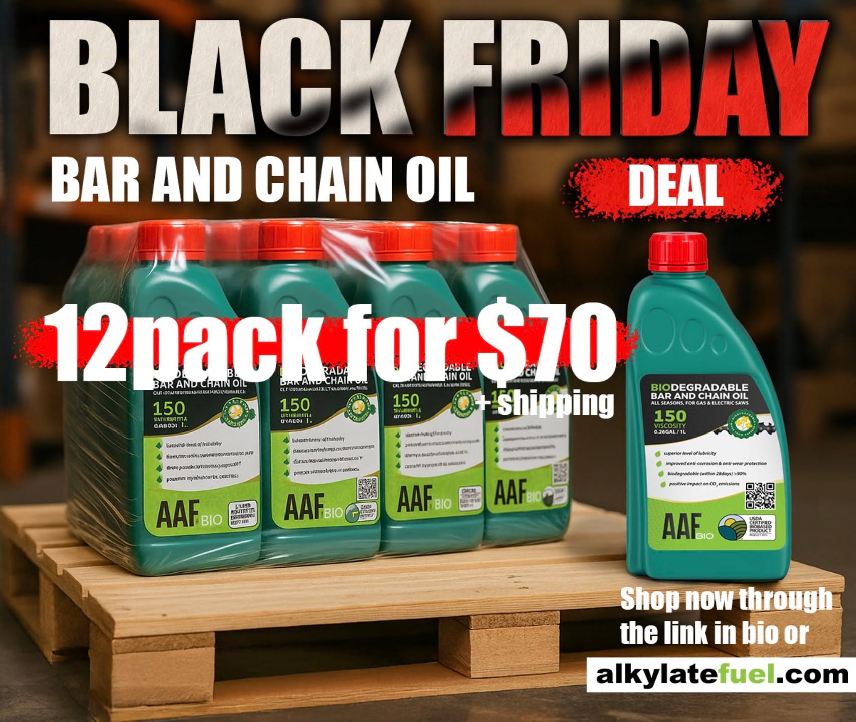 BLACK FRIDAY SALE! 🌱 Keep your chainsaws and the environment happy! Our AAF® Biodegradable Bar and Chain Oil is made for optimal performance and is 99% bio-based. Currently available for just $70 at https://www.alkylatefuel.com/category/bar-and-chain-oil #EcoFriendly #ChainsawOil