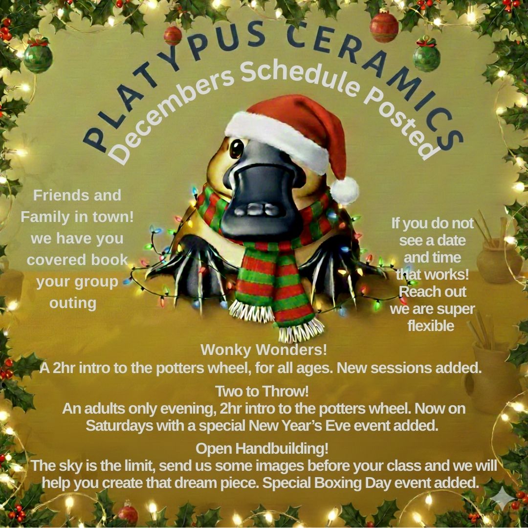 December Schedule Alert! Fun Activities for Everyone (Even Your Guests!)
The Platypus Ceramics December schedule is officially posted on our website, and it's perfect for holiday gatherings!
Do you have friends and family coming to visit and are looking for an activity? We have you covered!
Here's a look at what we've added:
Extra Wonky Wonders: More of our popular 2-hour "quick and dirty" intro to the potter's wheel—great fun for all ages!
Double Date Night: Our Two to Throw class is now available on Saturdays at 7 PM, in addition to Friday nights. Book a unique night out for you and a partner/friend!
New Year's Eve Special: End the year creatively! This class is a guaranteed good time for groups, couples, families, or solo attendees. We make everyone feel part of the group.
More Open Handbuilding: If you can dream it, we can help you create it! Extra sessions mean more time for unique projects. The sky is the limit!
Annual Boxing Day Special: Get off the couch and stay in those pajamas! Our special handbuilding event is the perfect post-holiday activity.
View the full schedule and reserve your spots on our website now!
www.platypusceramics.com
Please always feel free to reach out with questions or comment below! 👇#visit_bragg_creek #braggcreek #braggcreeklife #ceramics #ceramicsofinstagram #cochrane #priddis #foothillscounty #yycliving #yyc #calgaryceramics #calgarypottery #getoutofthehouse #datenightcalgary