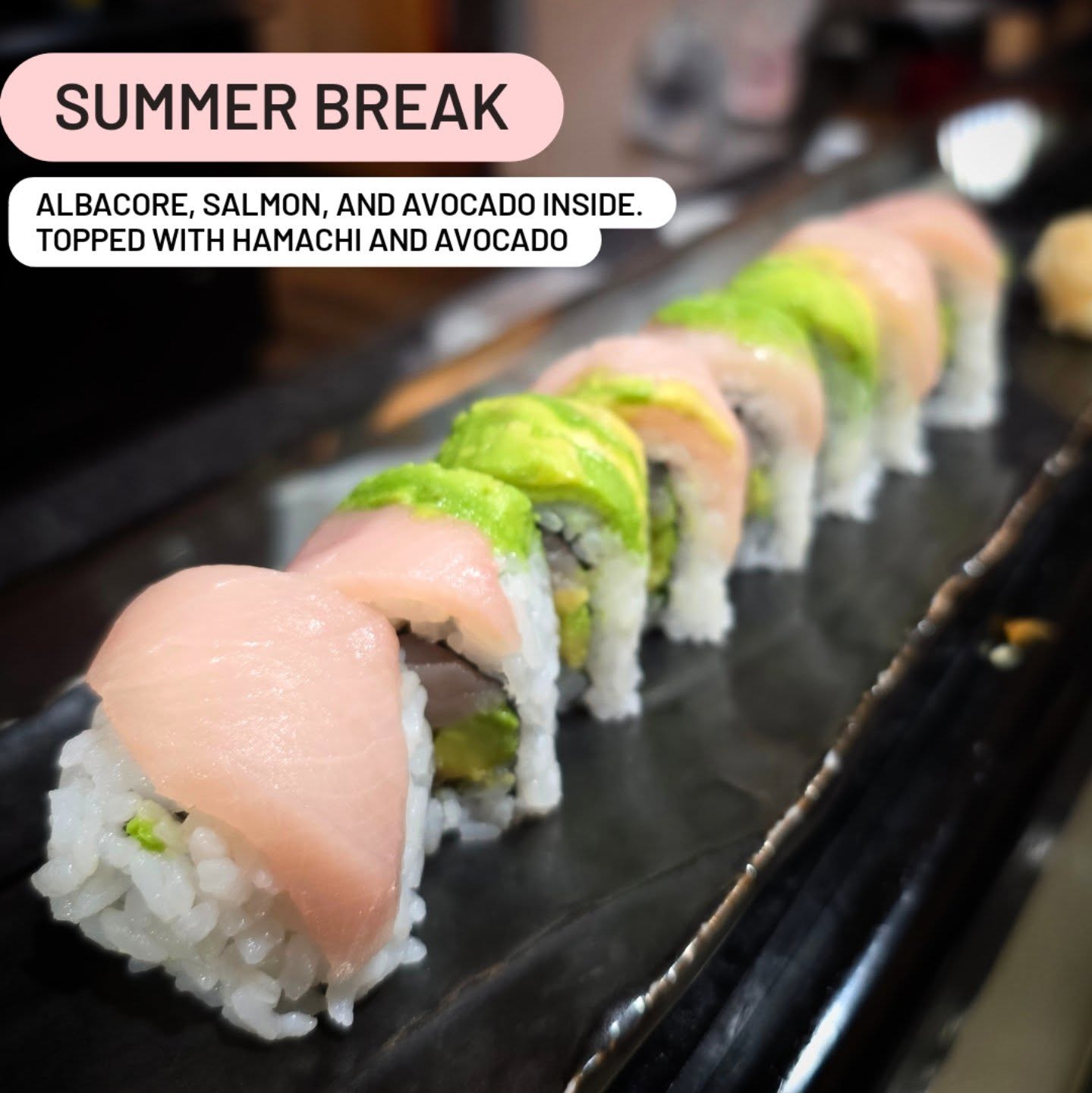 Summer Break: Albacore, salmon, and avocado inside. Topped with hamachi and avocado
#menlopark #sushilovers #hamachi #salmon #albacore