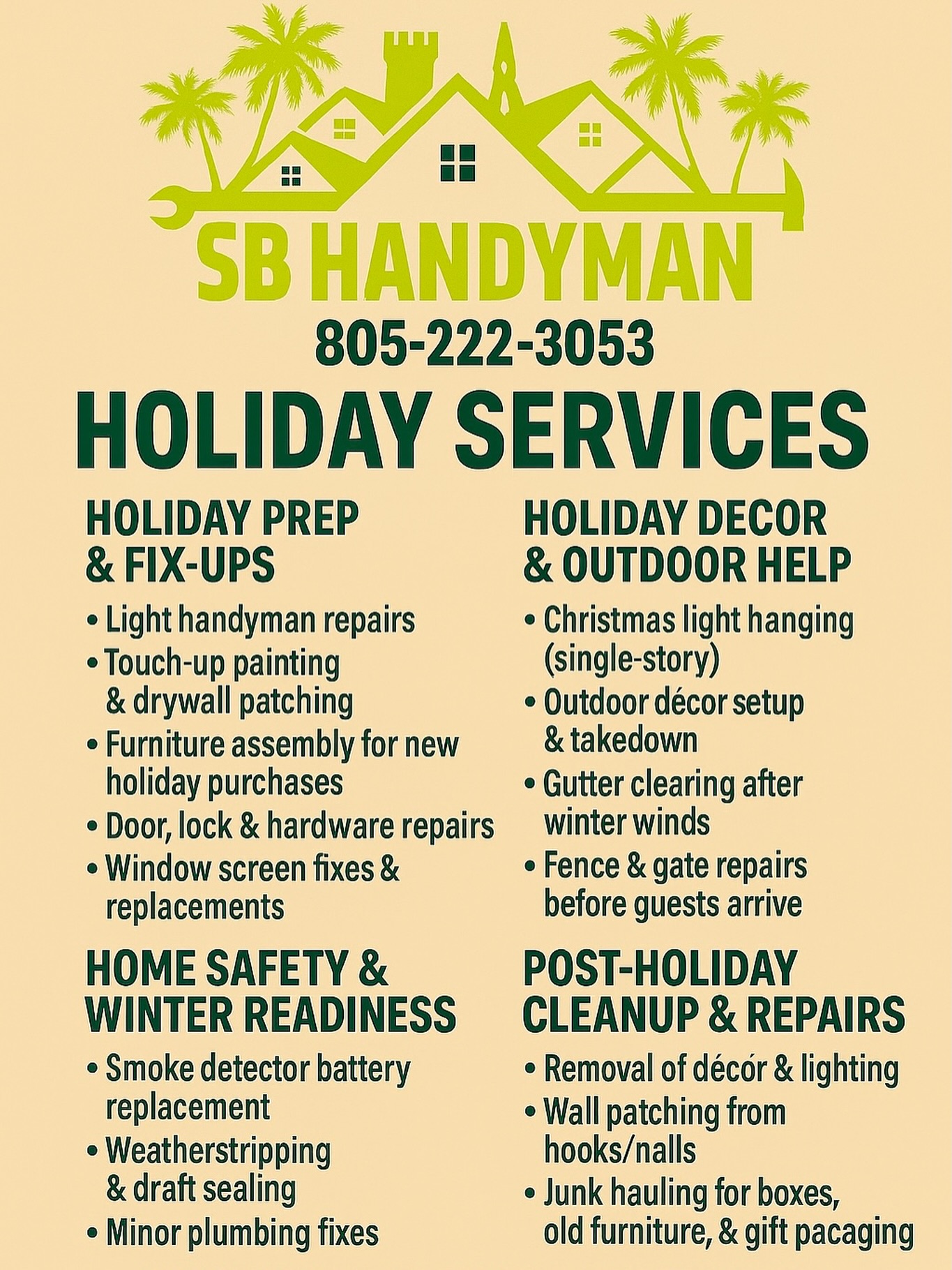 The holidays are here, Santa Barbara — which means lights to hang, guests to prepare for, and those little home fixes that suddenly feel a lot more urgent. SB Handyman is here to make the season smoother, brighter, and way less stressful. 🎅🏻 🎄
Holiday Services We’re Offering:
• Christmas light hanging (single-story)
• Outdoor décor setup & takedown
• Touch-up painting & drywall patching
• Light handyman repairs
• Door, lock & hardware fixes
• Weatherstripping & draft sealing
• Window screen repairs
• Gutter clearing
• Furniture assembly
• Junk hauling & post-holiday clean-up
December fills fast every year — so if you want your home holiday-ready without the holiday headache, we’re here for you.
Call/Text: 805-222-3053
Wishing you a warm, bright, and stress-free season! 🎄 🎅🏻
#handyman #christmas #holidays #handymanservices