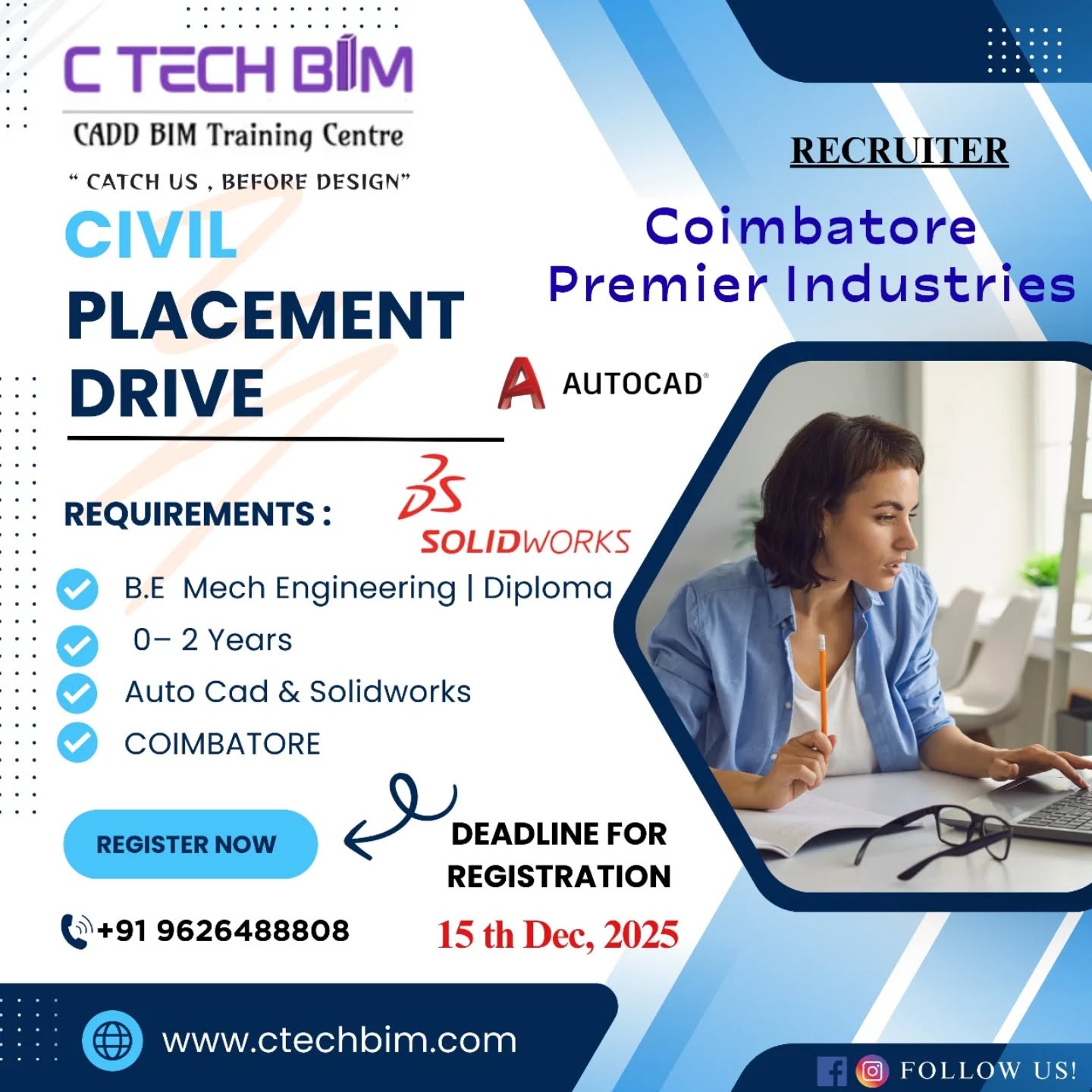 ๐ CIVIL PLACEMENT DRIVE โ Coimbatore!
Kickstart your engineering career with Coimbatore Premier Industries through our exclusive placement drive at C TECH BIM โ CADD BIM Training Centre!
โจ Eligibility:
โ B.E Mechanical Engineering / Diploma
โ 0โ2 Years Experience
โ AutoCAD & SolidWorks Skills
๐ Location: Coimbatore
โณ Deadline: 15th Dec 2025
๐ Contact: +91 96264 88808
๐ Register now at: www.ctechbim.com
๐ Donโt miss this opportunity to launch your technical career!
#PlacementDrive #CADDTraining #EngineeringJobs #CoimbatoreJobs #CtechBIM #SolidWorks #AutoCAD #MechanicalJobs