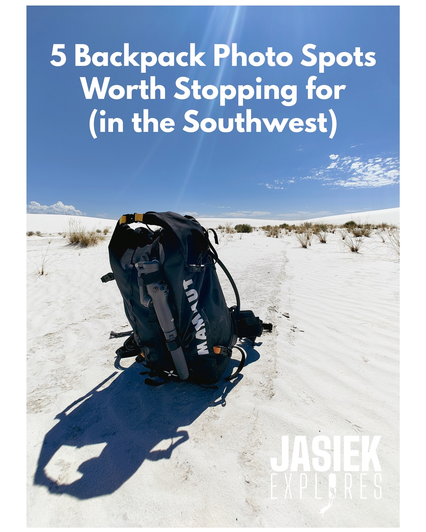 When your backpack stops being gear and becomes a companion, an equal partner in the journey.
That’s when you realise you’re no longer just looking for your shot, but for the photo op for your backpack too.
And honestly, some of those moments are truly otherworldly.
Backpack photo spots in the Southwest worth stopping for:
1. White Sands National Park, New Mexico
2. Wire Pass Trail → Buckskin Gulch, Utah
3. Boynton Canyon Trail, Sedona, Arizona
4. The Citadel Trail, Bears Ears National Monument, Utah
5. Hopi Salt Trail → Little Colorado River, Grand Canyon Navajo Tribal Park, Arizona
Different landscapes.
Many miles in between.
Same pack.