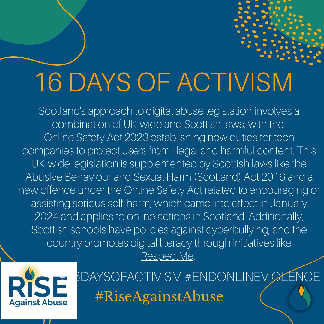 16 Days of Activism Against Gender-Based Violence Campaign for 2025.
Every year, we support the 16 Days of Activism to End Violence Against Women and Girls, which runs from 25 November through 10 December, encompassing both the International Day for the Elimination of Violence Against Women (25 November) and World Human Rights Day (10 December).
The focus for this years campaign is preventing online violence and creating safer online spaces.
If any of our posts have made an impact on you please contact info@riseagainstabuse.com to learn about the freedom programme.